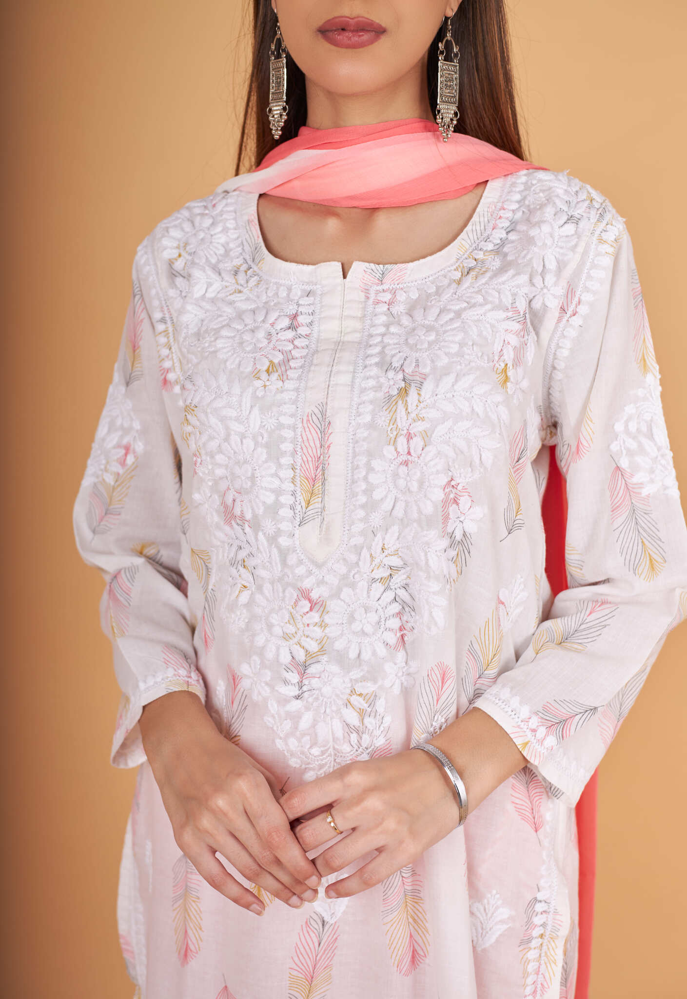 Arsh Handcrafted MulMul Cotton 3pc Kurti, Pant and Dupatta Chikankari Set - Image 5