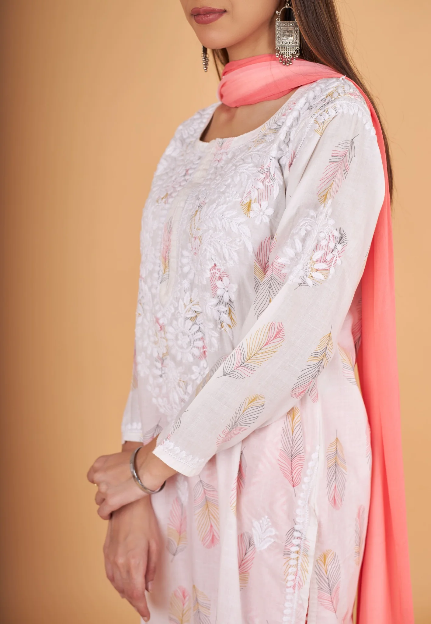 Arsh Handcrafted MulMul Cotton 3pc Kurti, Pant and Dupatta Chikankari Set - Image 6