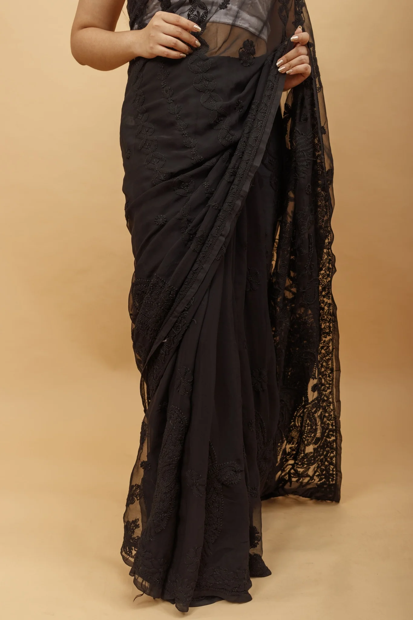 Arsh Handcrafted Semi Georgette Heavy Chikan Emrboidered Saree - Image 3