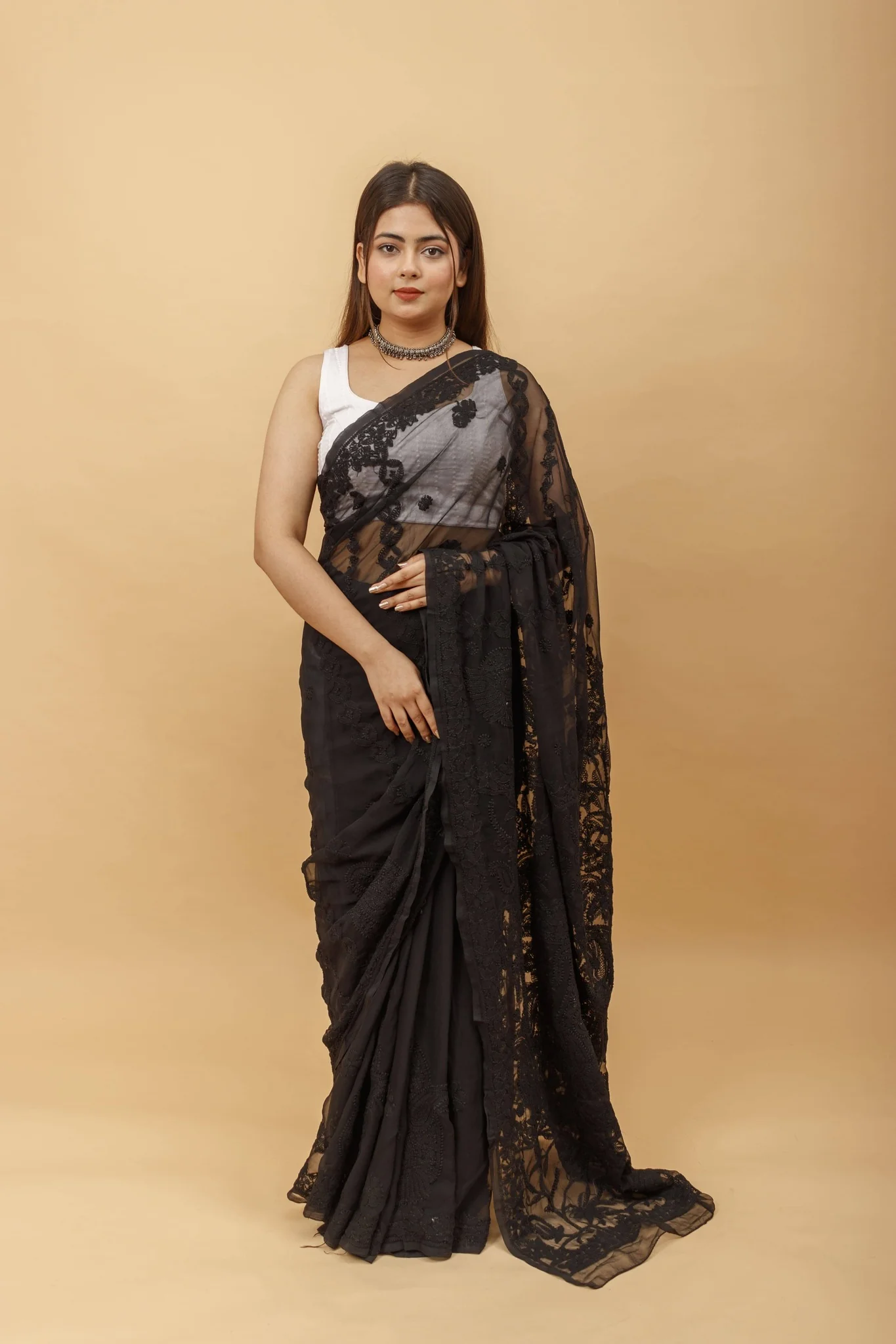 Arsh Handcrafted Semi Georgette Heavy Chikan Emrboidered Saree - Image 5