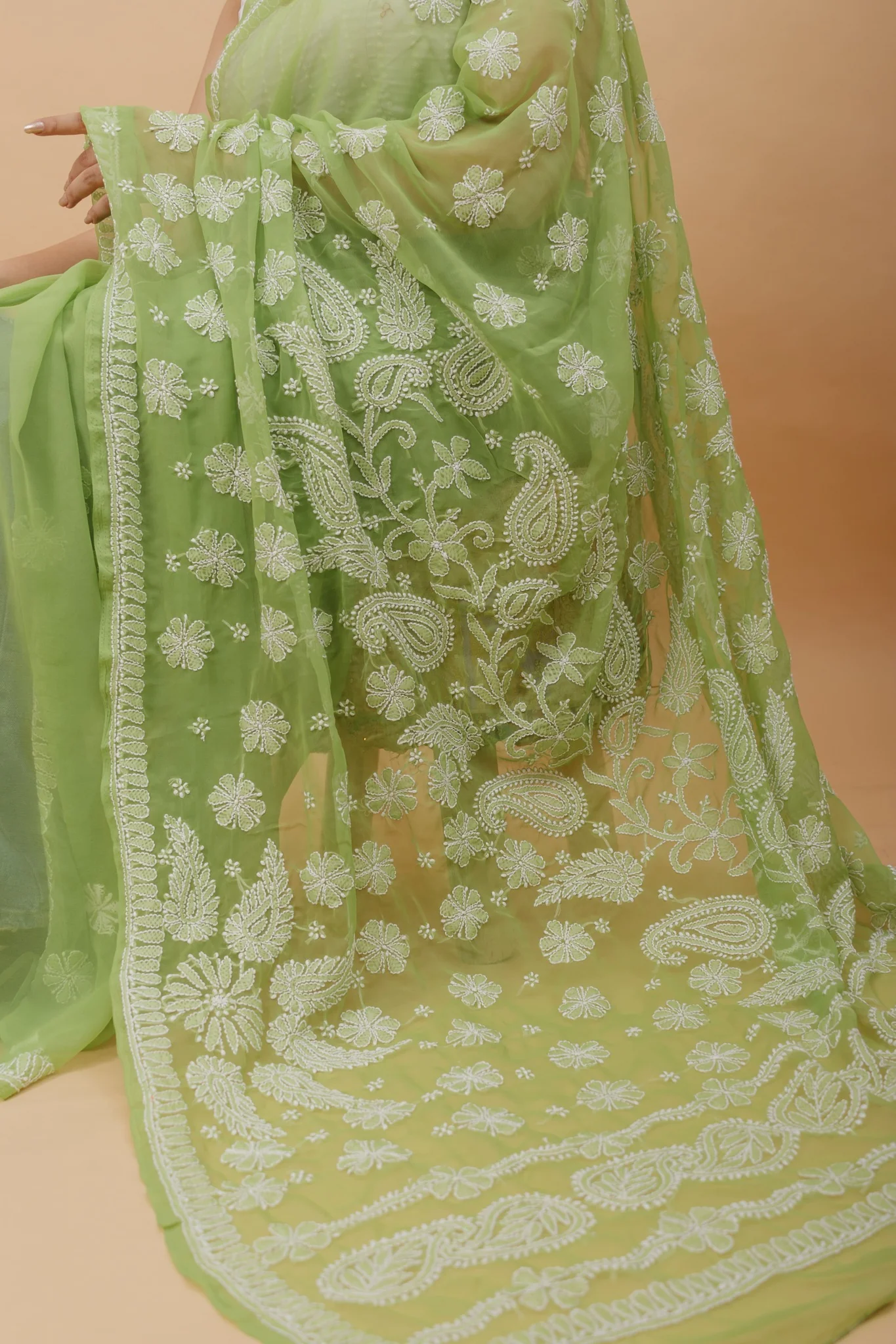 Arsh Handcrafted Semi Georgette Heavy Palla Chikan Embroidered Saree - Image 4