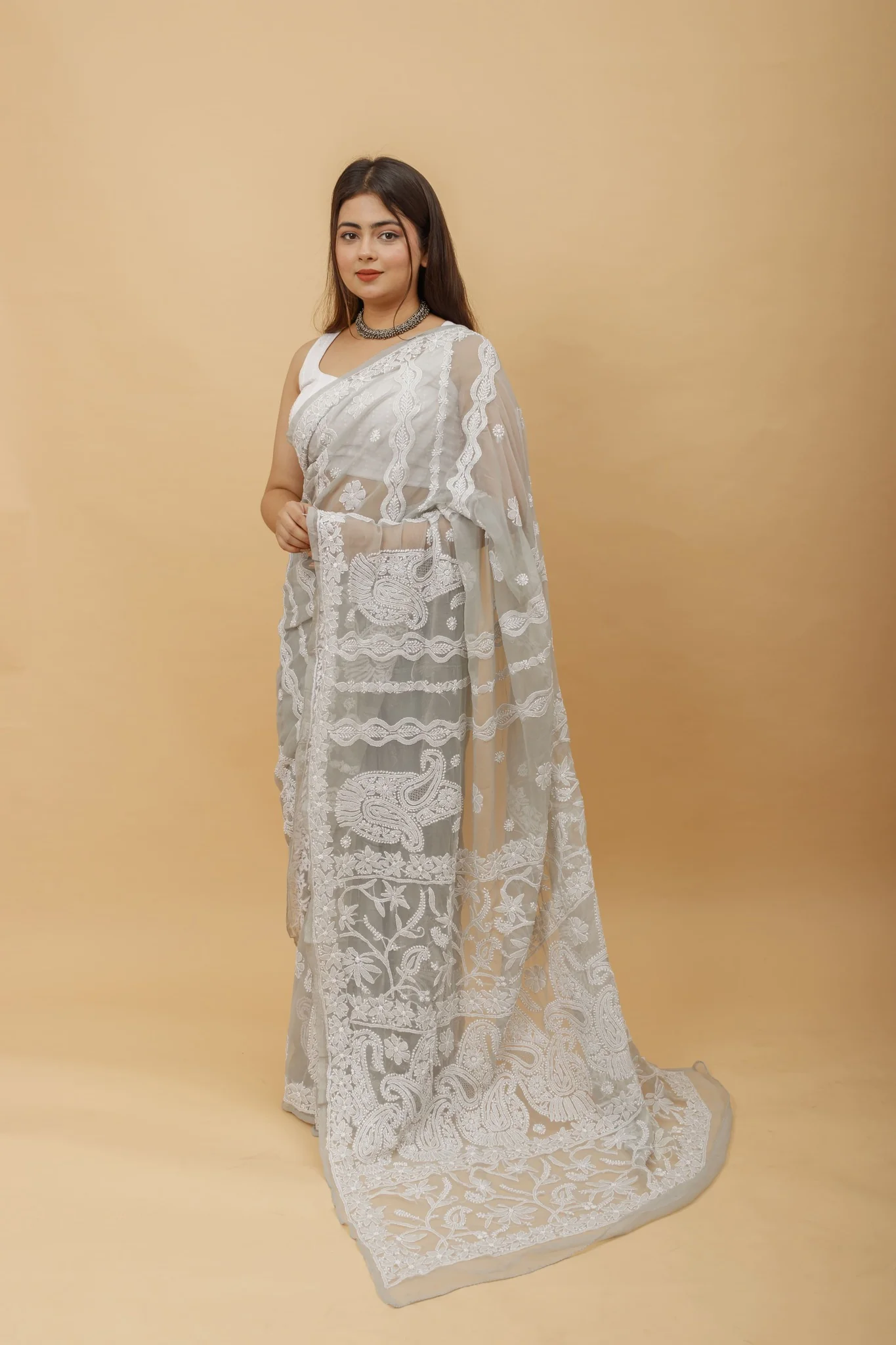 Arsh Handcrafted Semi Georgette Heavy Chikan Embroidered Saree - Image 2