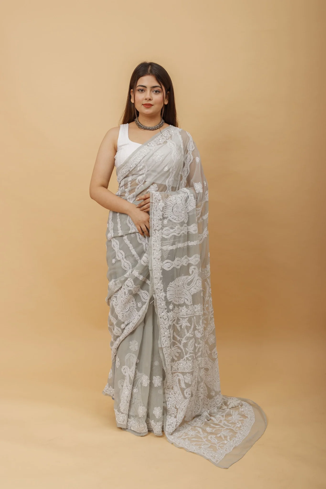 Arsh Handcrafted Semi Georgette Heavy Chikan Embroidered Saree - Image 4
