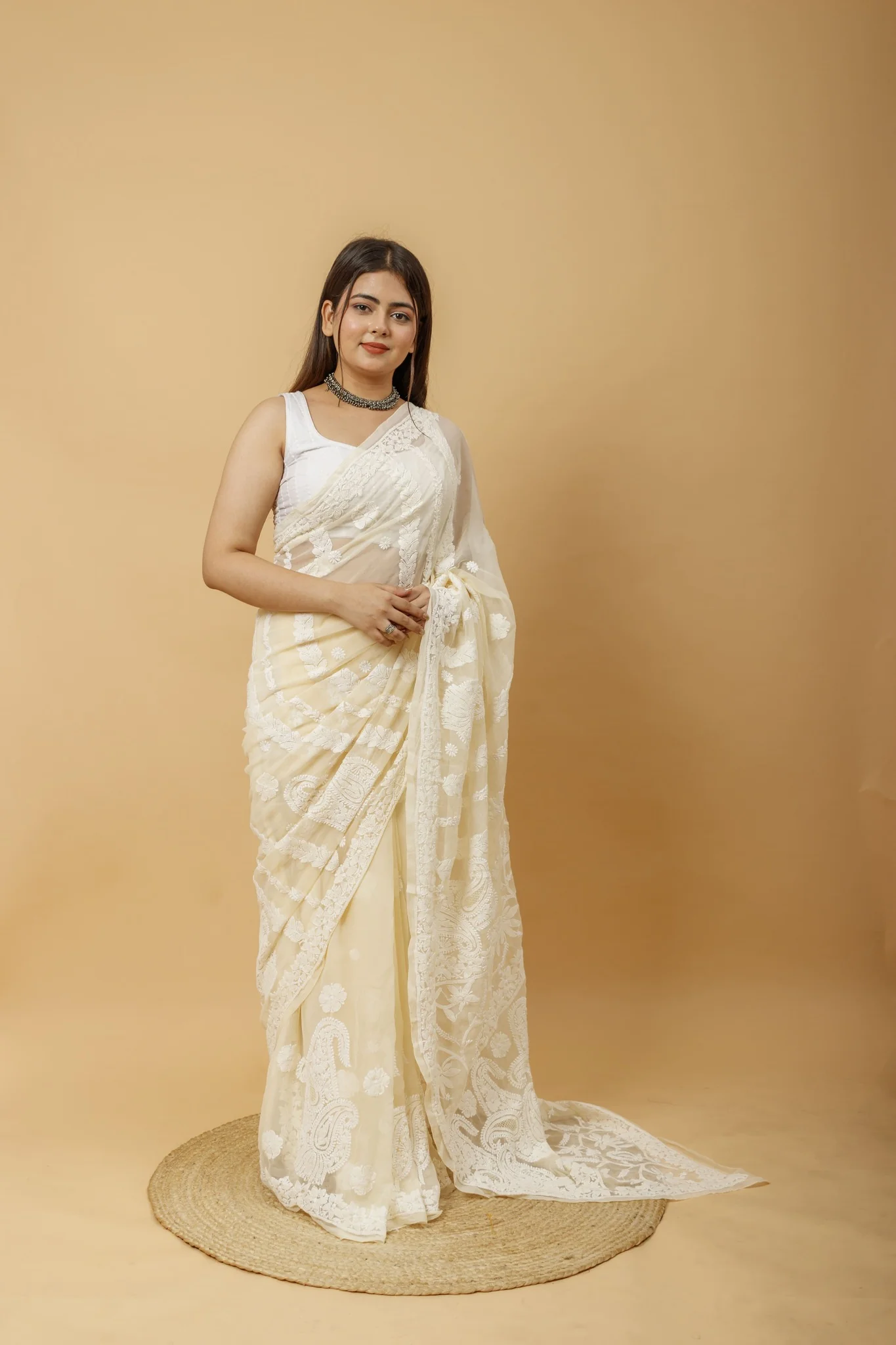 Arsh Handcrafted Semi Georgette Heavy Chikan Embroidered Saree - Image 2