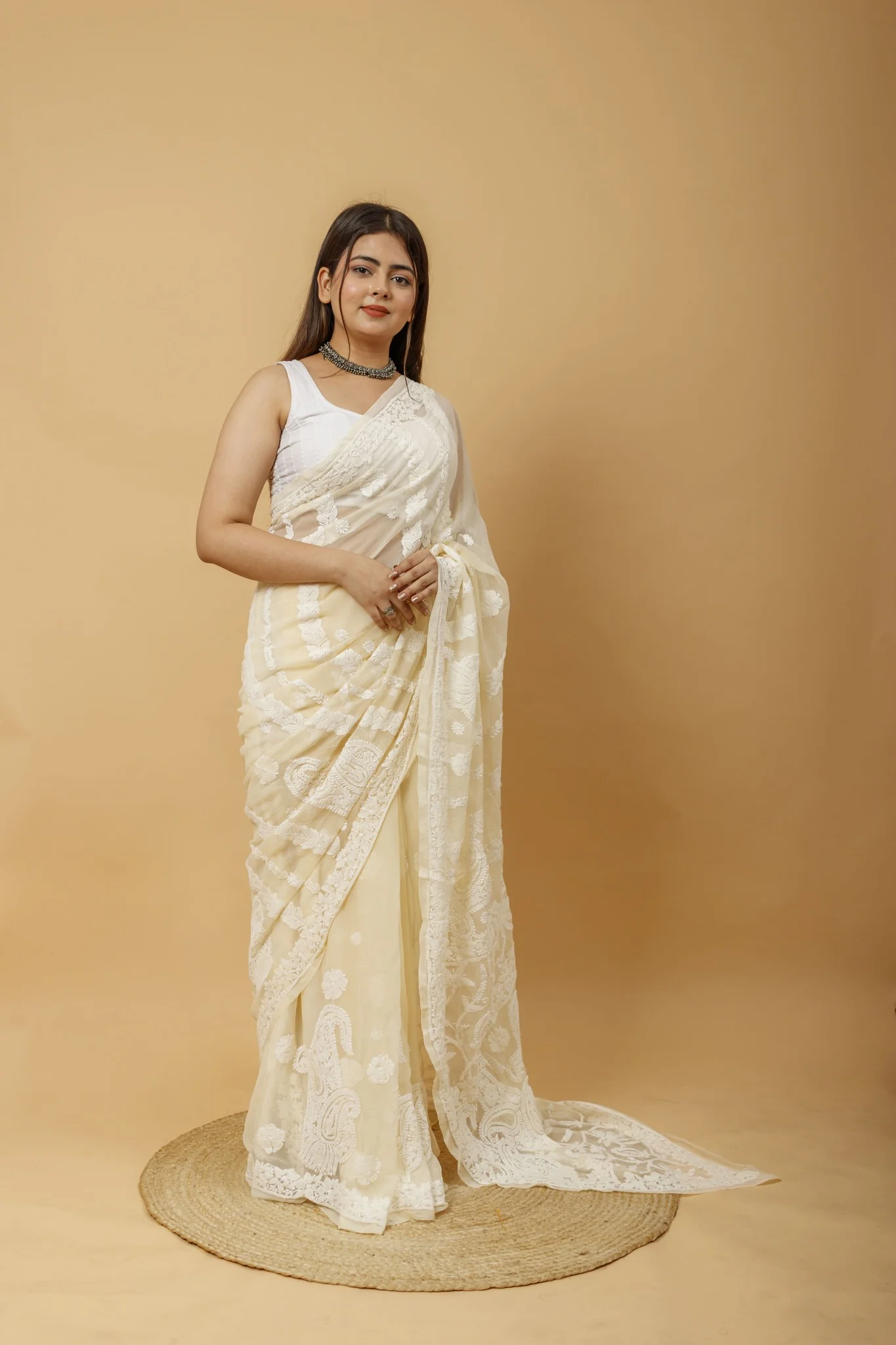 Arsh Handcrafted Semi Georgette Heavy Chikan Embroidered Saree - Image 5