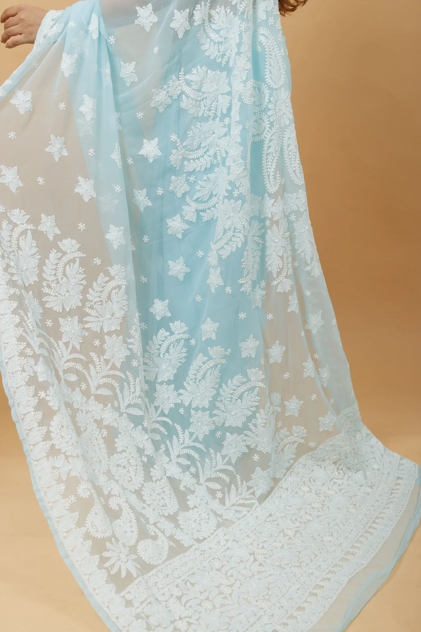 Arsh Handcrafted Semi Georgette Heavy Palla Chikan Embroidered Saree - Image 3