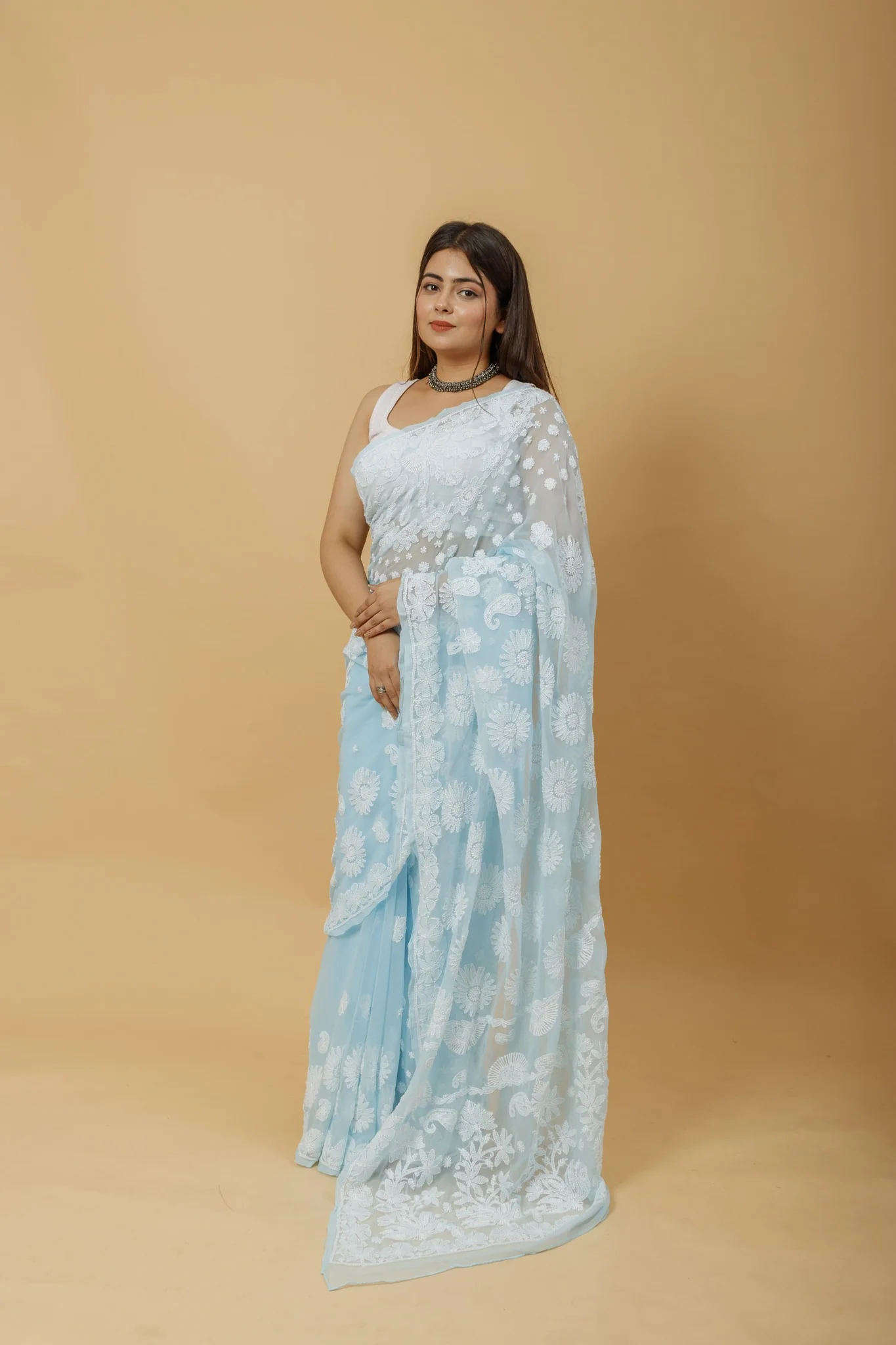 Arsh Handcrafted Semi Georgette Palla Chadi All Over Chikan Embroidered Saree - Image 2