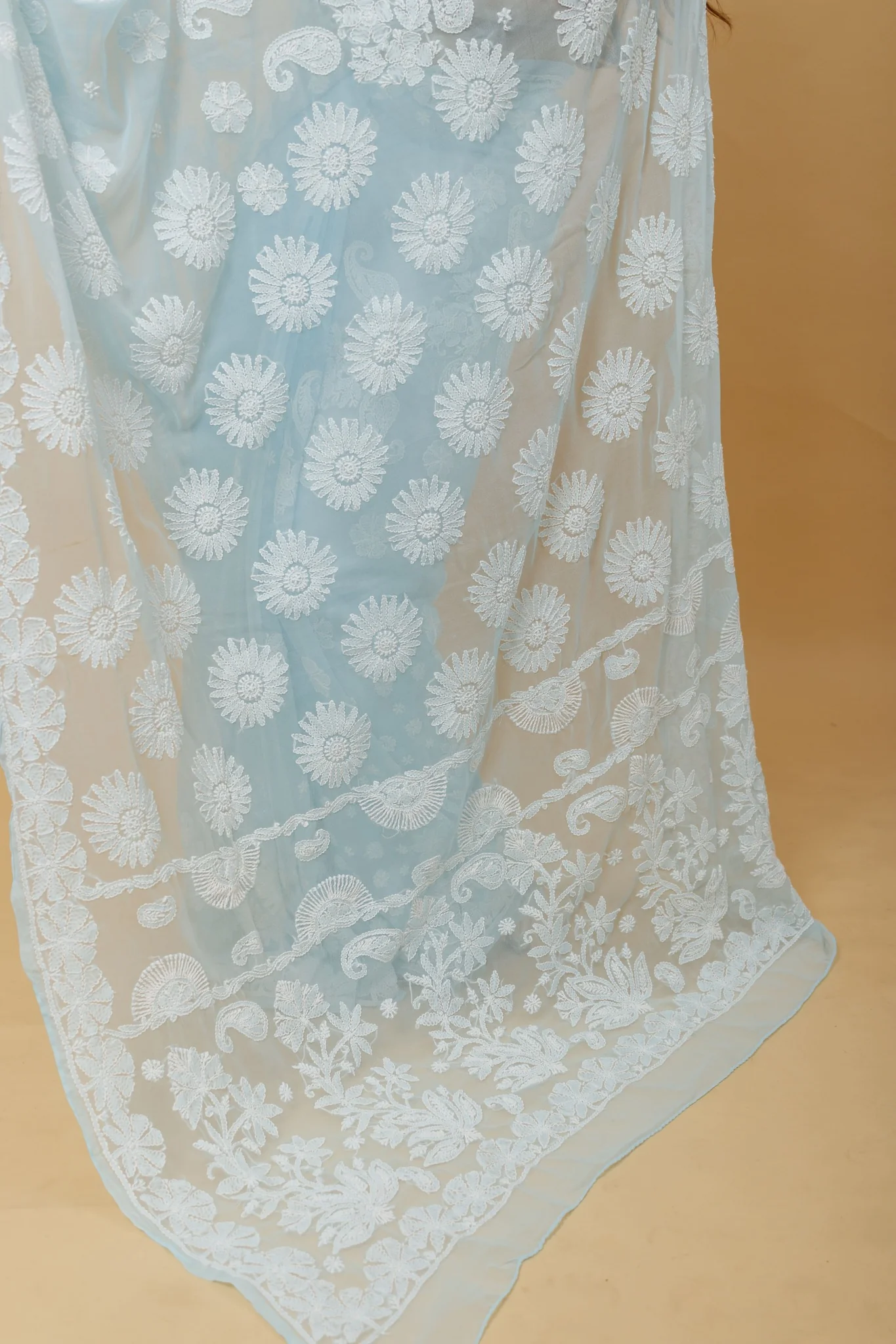 Arsh Handcrafted Semi Georgette Palla Chadi All Over Chikan Embroidered Saree - Image 4