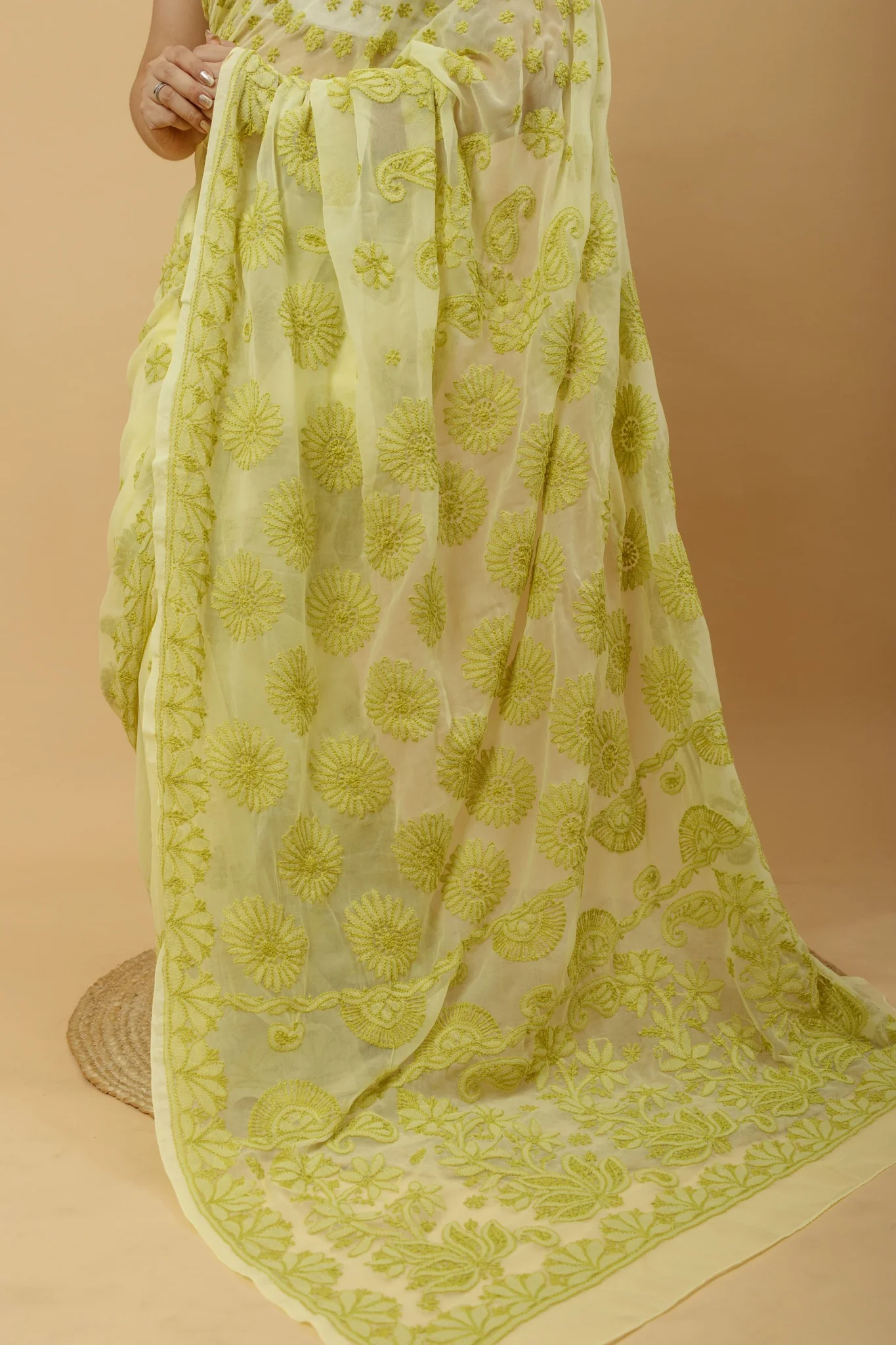 Arsh Handcrafted Semi Georgette Palla Chadi All Over Chikan Embroidered Saree - Image 2
