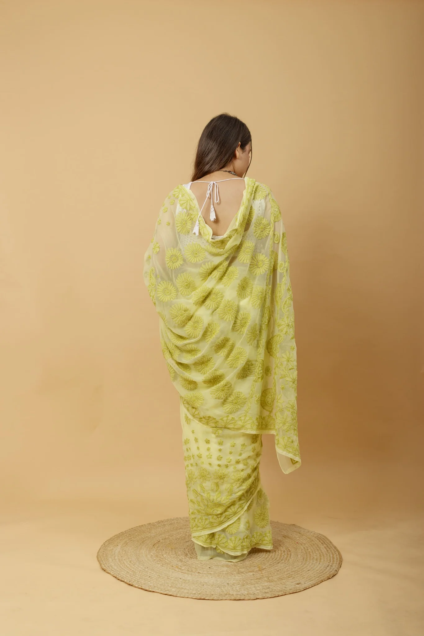 Arsh Handcrafted Semi Georgette Palla Chadi All Over Chikan Embroidered Saree - Image 3