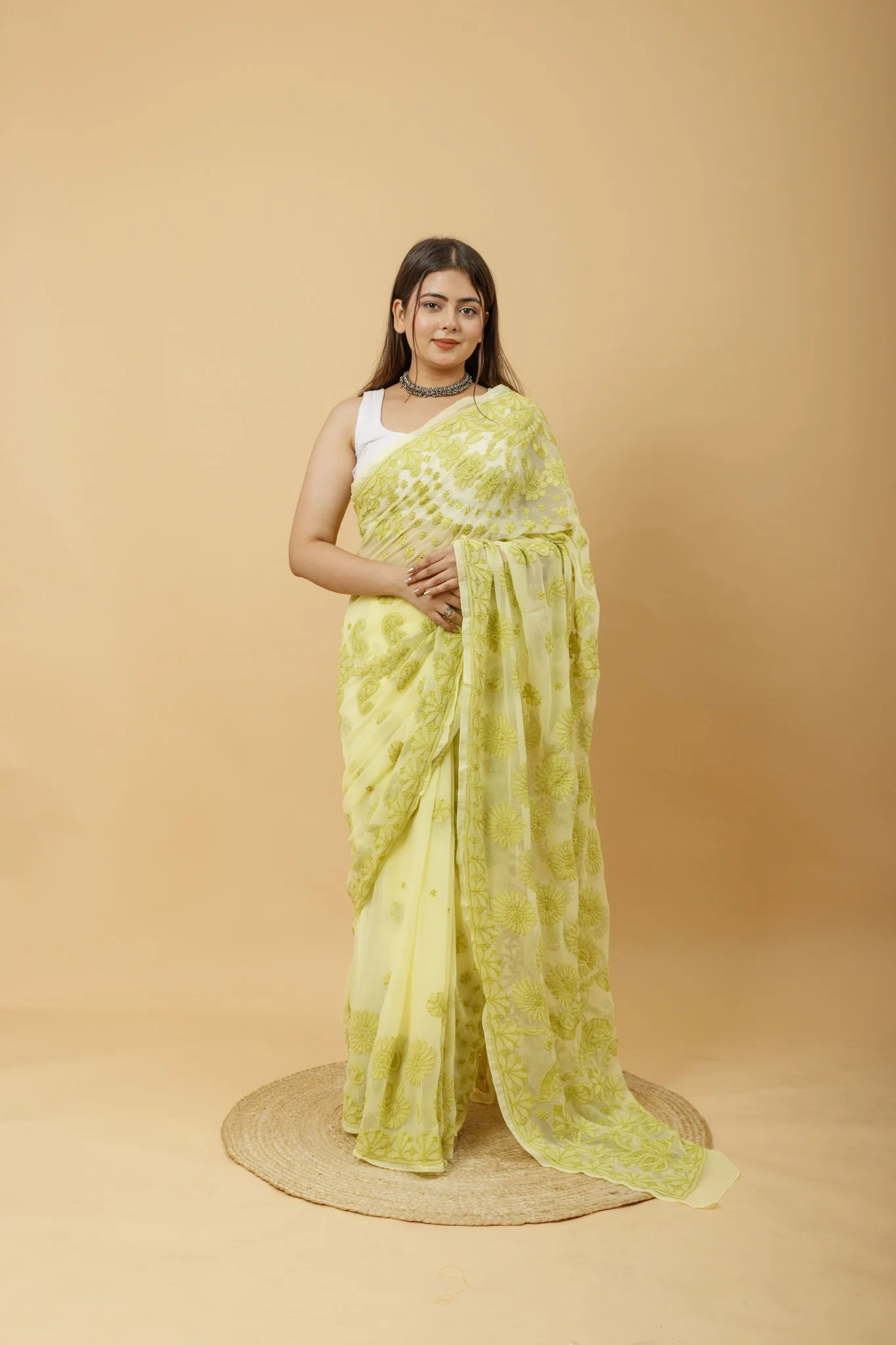 Arsh Handcrafted Semi Georgette Palla Chadi All Over Chikan Embroidered Saree - Image 4