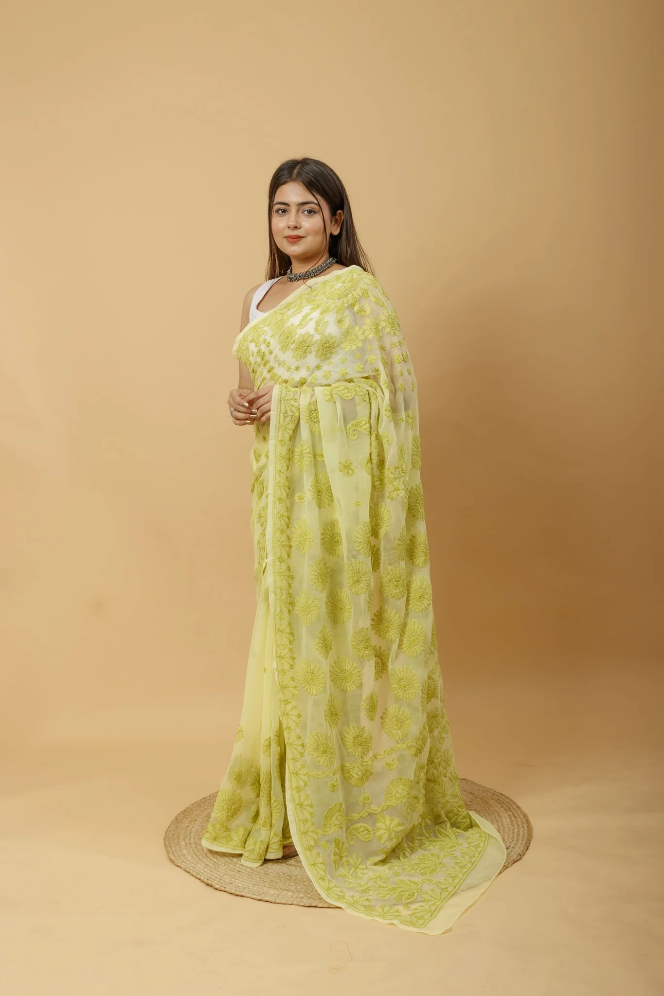 Arsh Handcrafted Semi Georgette Palla Chadi All Over Chikan Embroidered Saree - Image 5