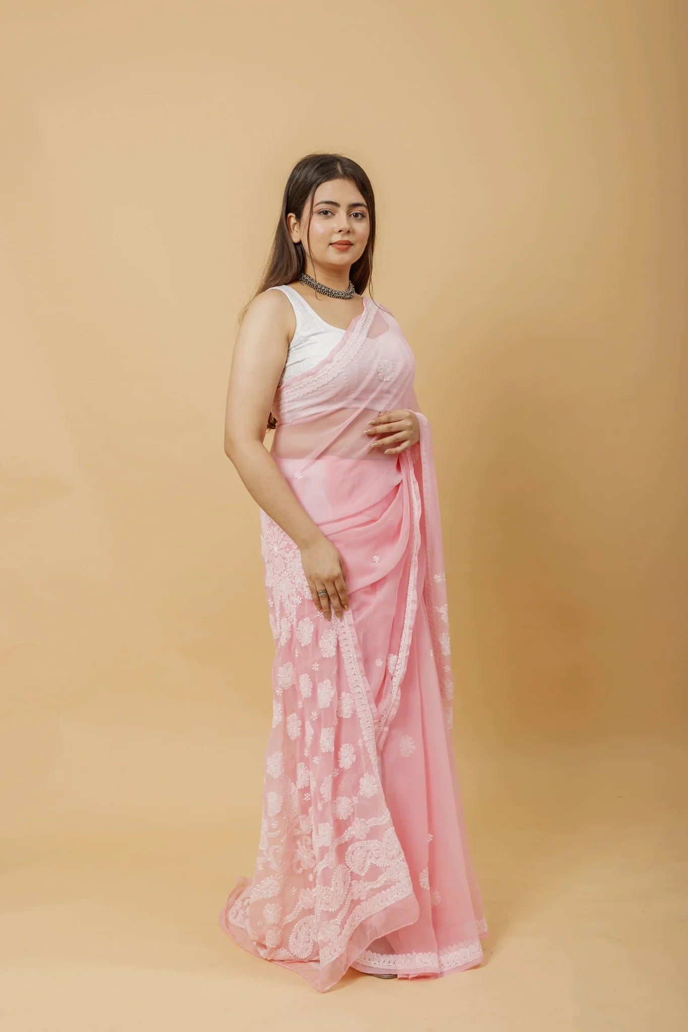 Arsh Handcrafted Semi Georgette Heavy Palla Chikan Embroidered Saree - Image 2