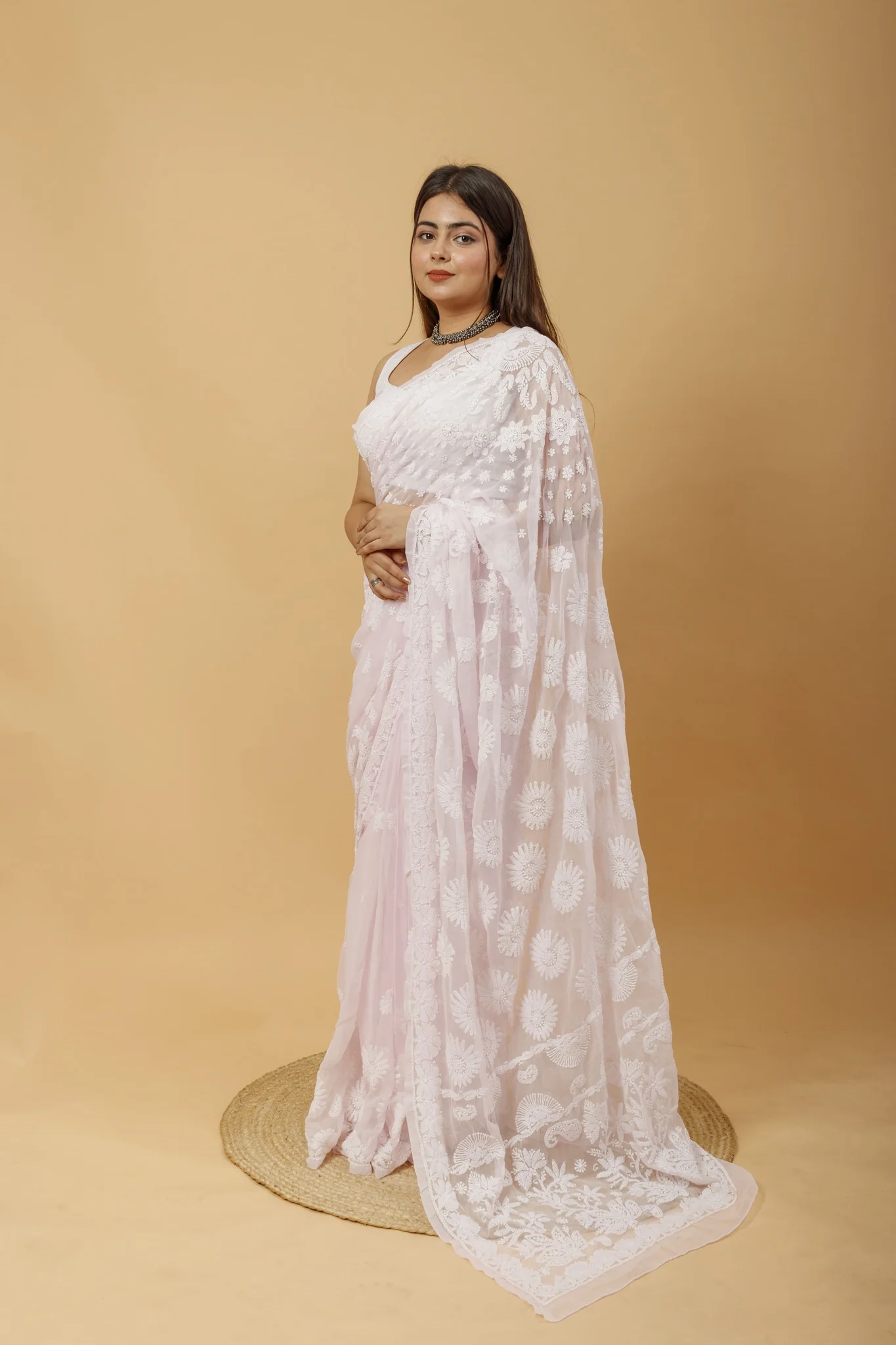 Arsh Handcrafted Semi Georgette Palla Chadi All Over Chikan Embroidered Saree