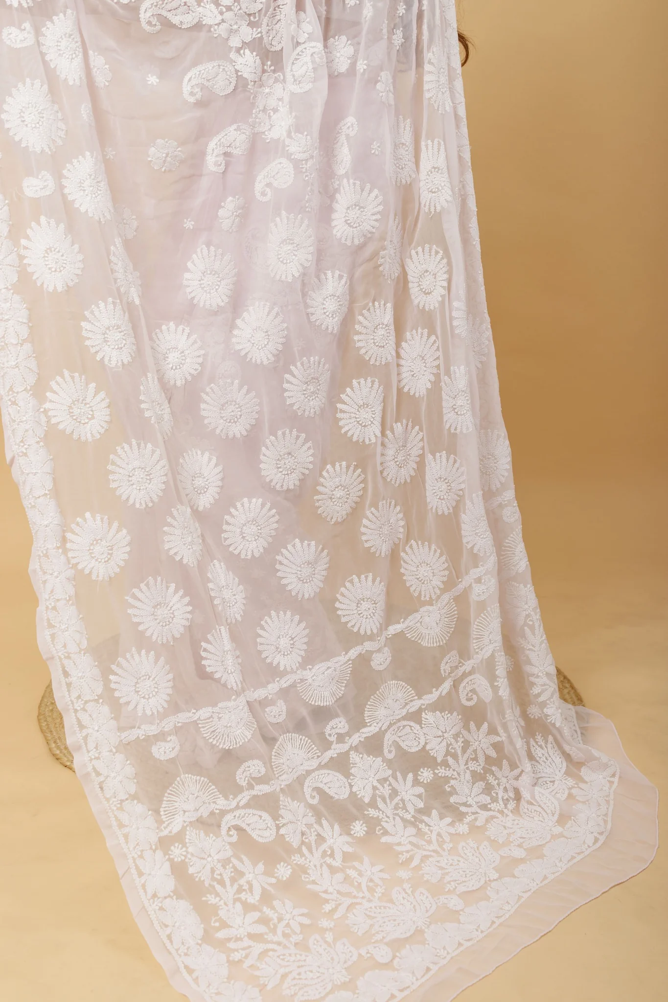 Arsh Handcrafted Semi Georgette Palla Chadi All Over Chikan Embroidered Saree - Image 2