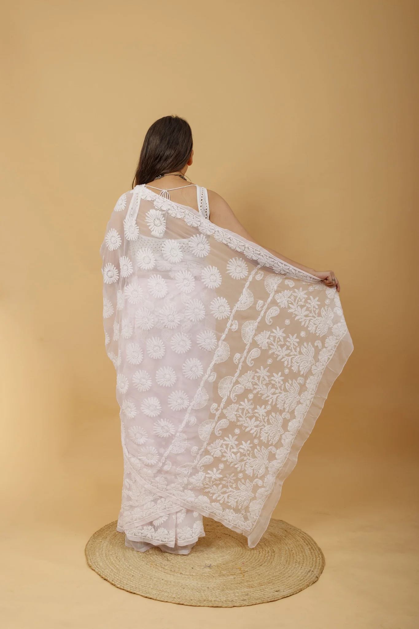 Arsh Handcrafted Semi Georgette Palla Chadi All Over Chikan Embroidered Saree - Image 3