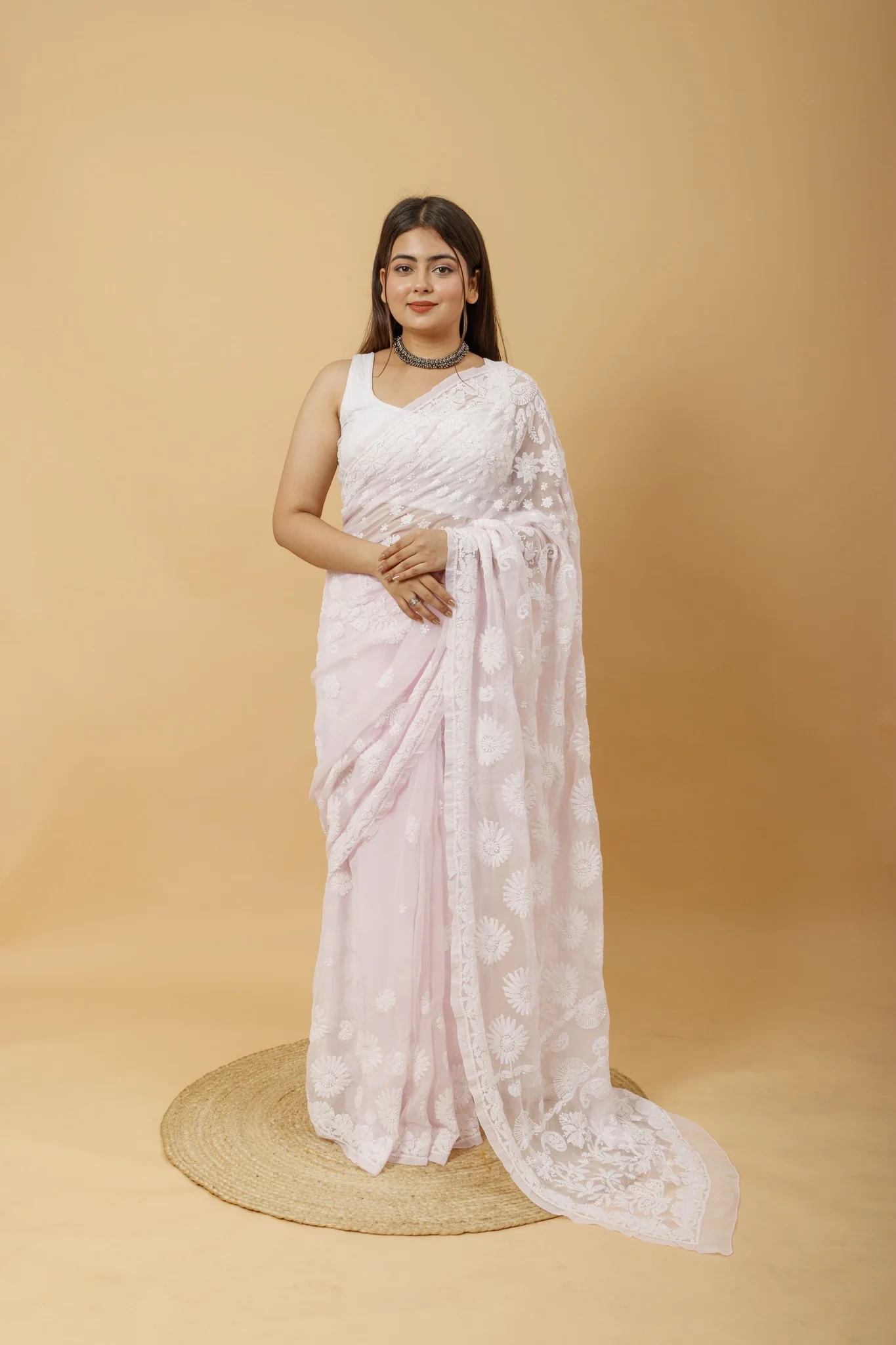 Arsh Handcrafted Semi Georgette Palla Chadi All Over Chikan Embroidered Saree - Image 4