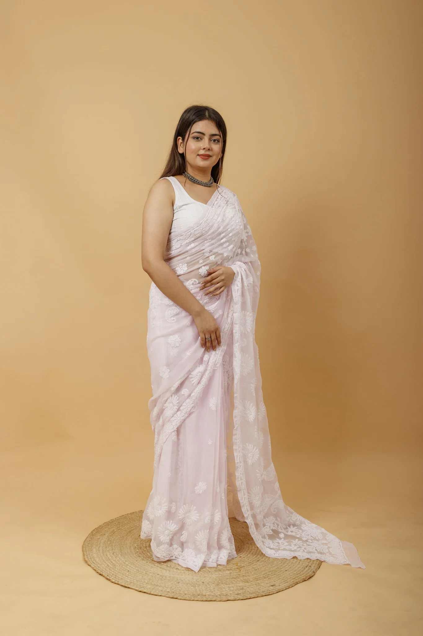 Arsh Handcrafted Semi Georgette Palla Chadi All Over Chikan Embroidered Saree - Image 5