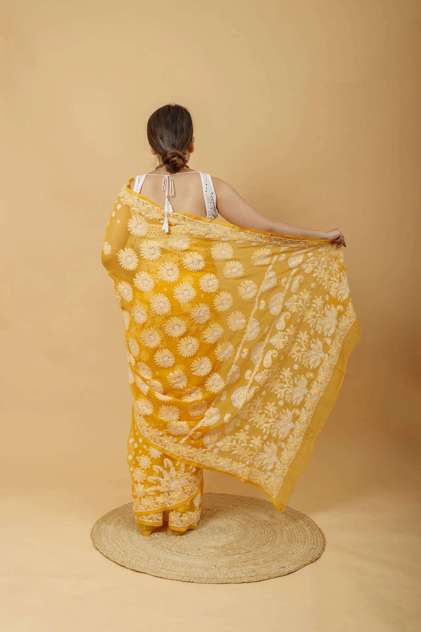 Arsh Handcrafted Semi Georgette Palla Chadi All Over Chikan Embroidered Saree - Image 2