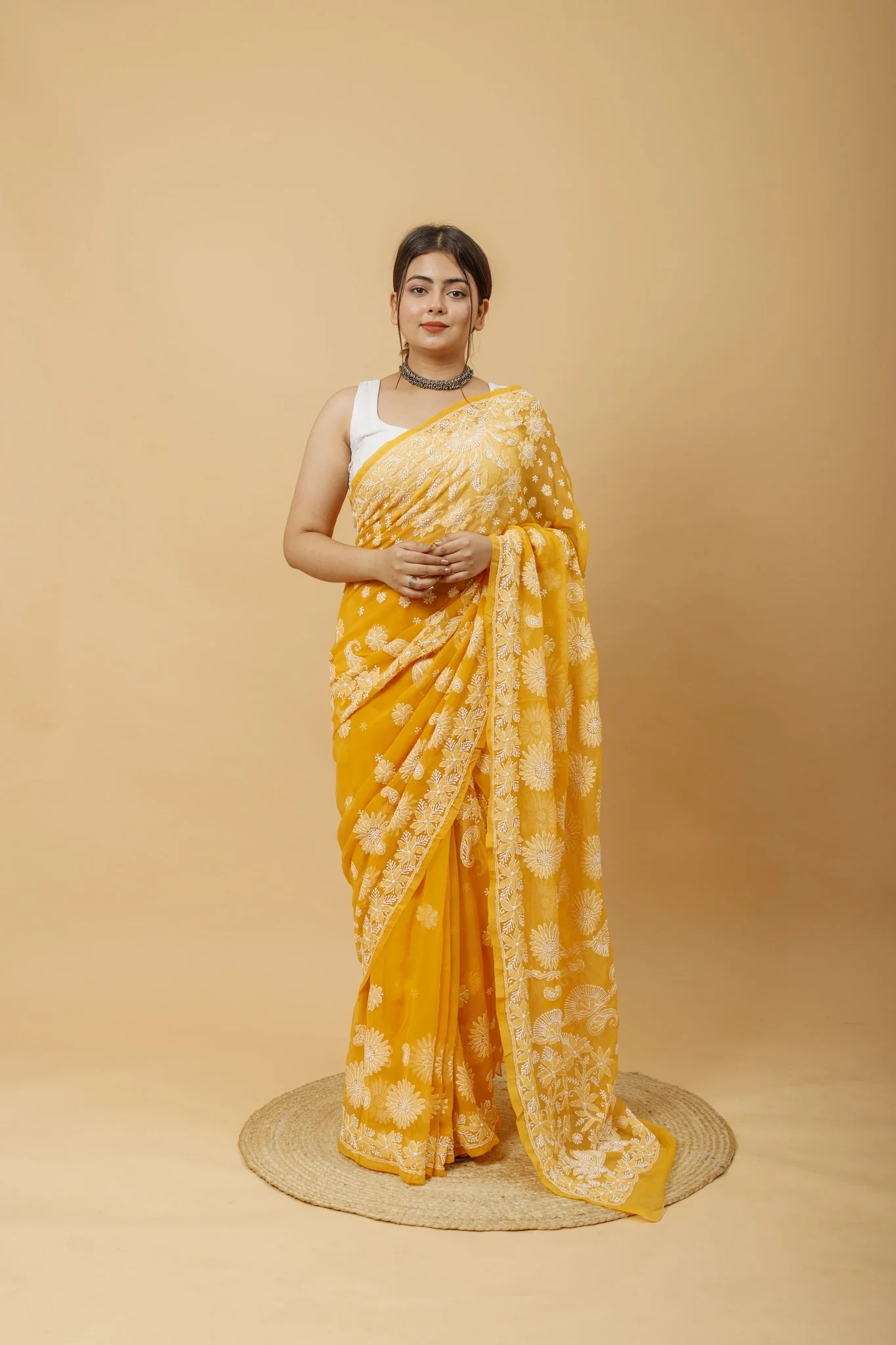 Arsh Handcrafted Semi Georgette Palla Chadi All Over Chikan Embroidered Saree - Image 3