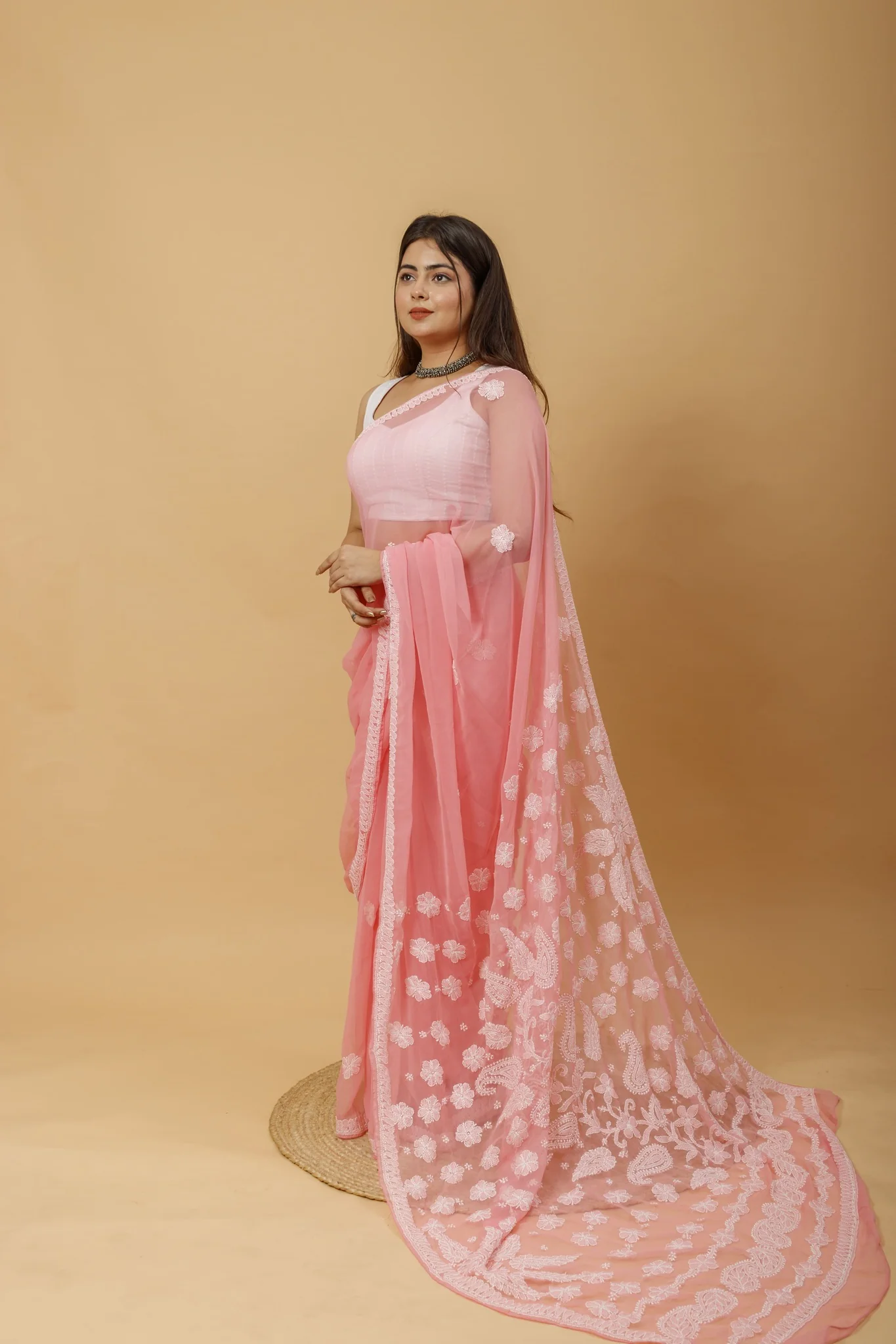 Arsh Handcrafted Semi Georgette Heavy Palla Chikan Embroidered Saree - Image 2