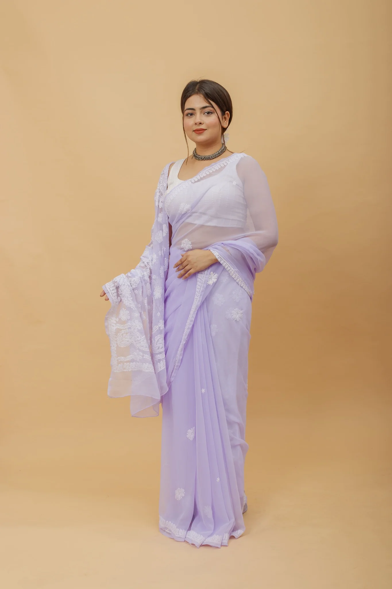 Arsh Handcrafted Semi Georgette Heavy Palla Chikan Embroidered Saree - Image 5
