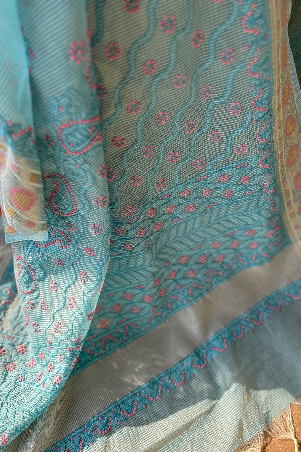 Arsh Hand Embroidered Chikankari Banaras Kota Silk Saree - Image 8