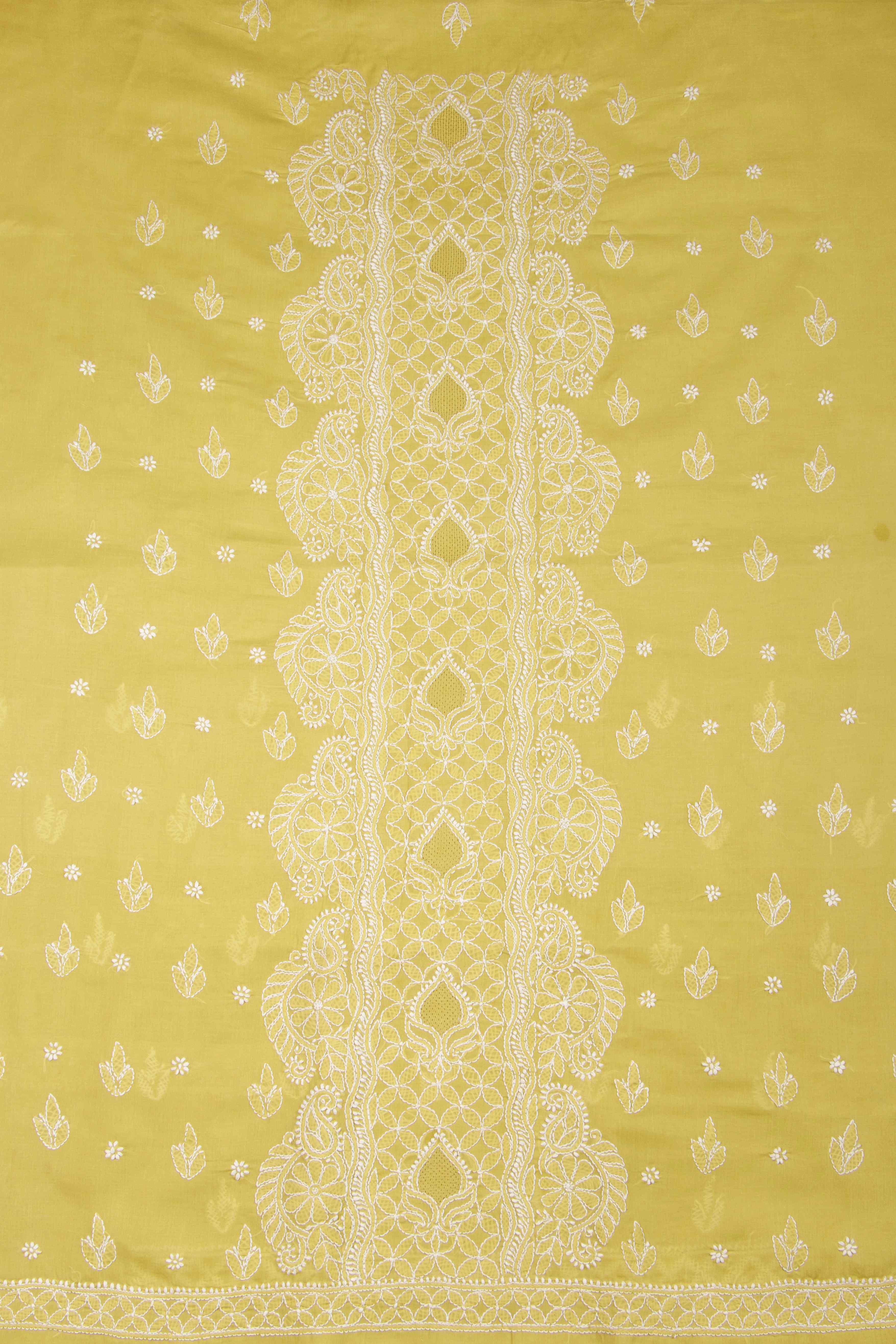 Arsh Handcrafted Tellow-Green Panel Jaali Cotton Unstitched 3pc Suit - Image 3
