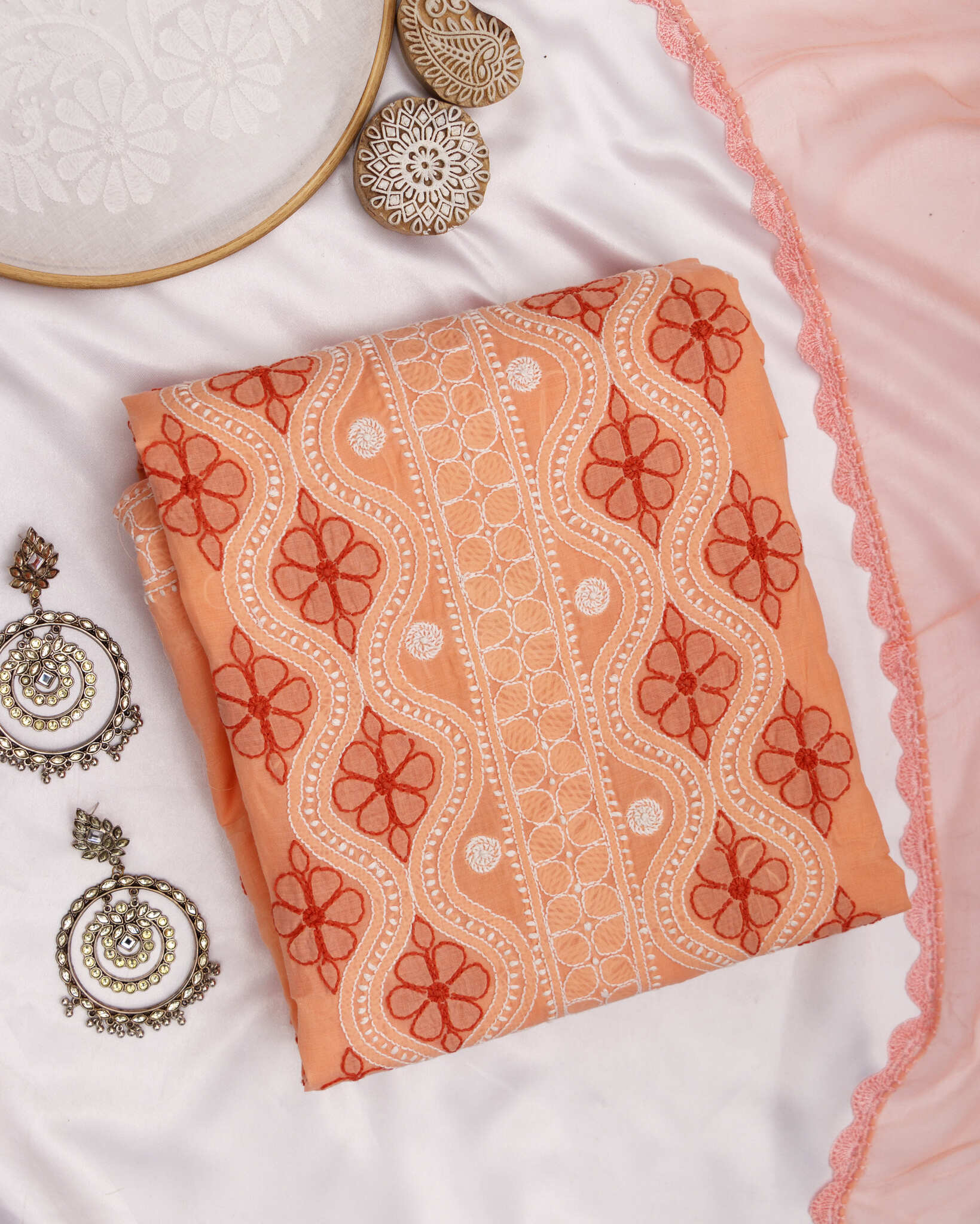 Arsh Handcrafted Pastel Orange Cotton Unstitched 3pc Suit - Image 2