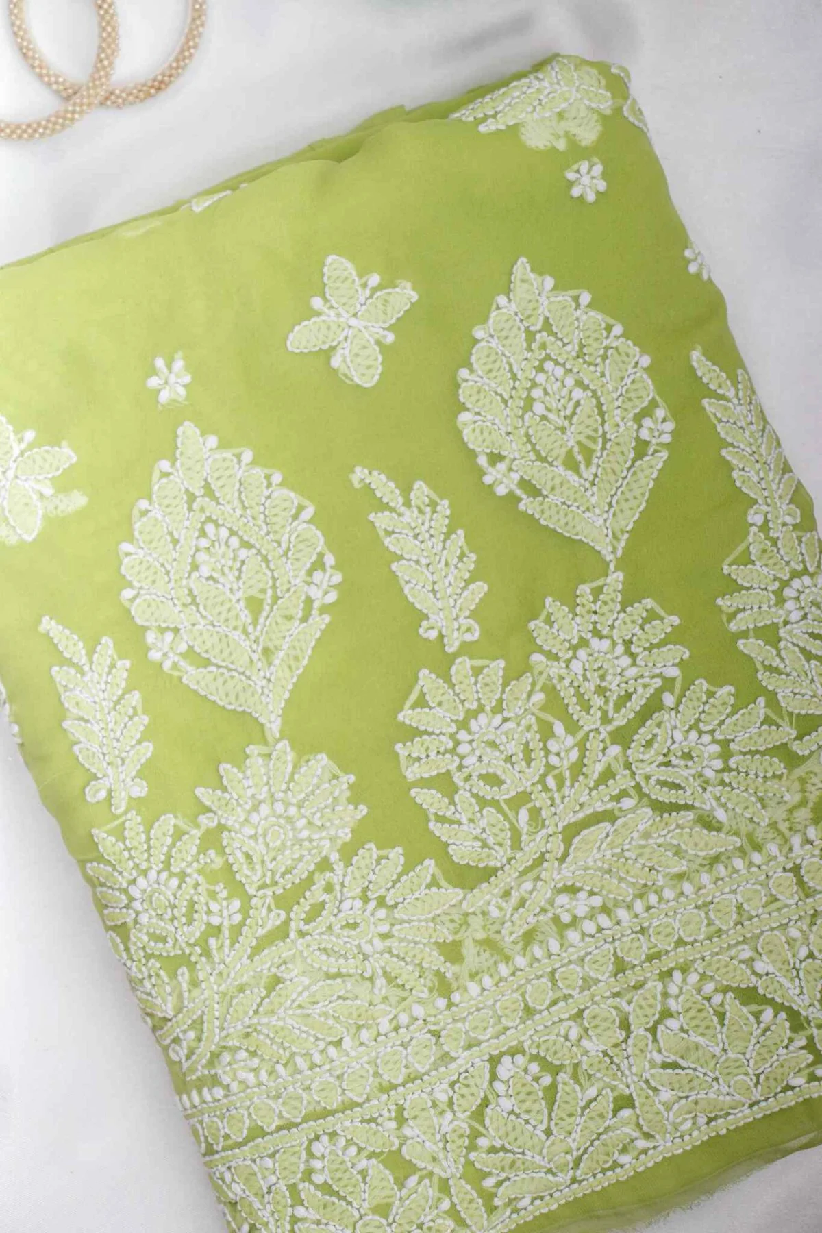 Arsh Handcrafted Emerald Green Georgette Unstitched Chikankari 3pc Suit - Image 3