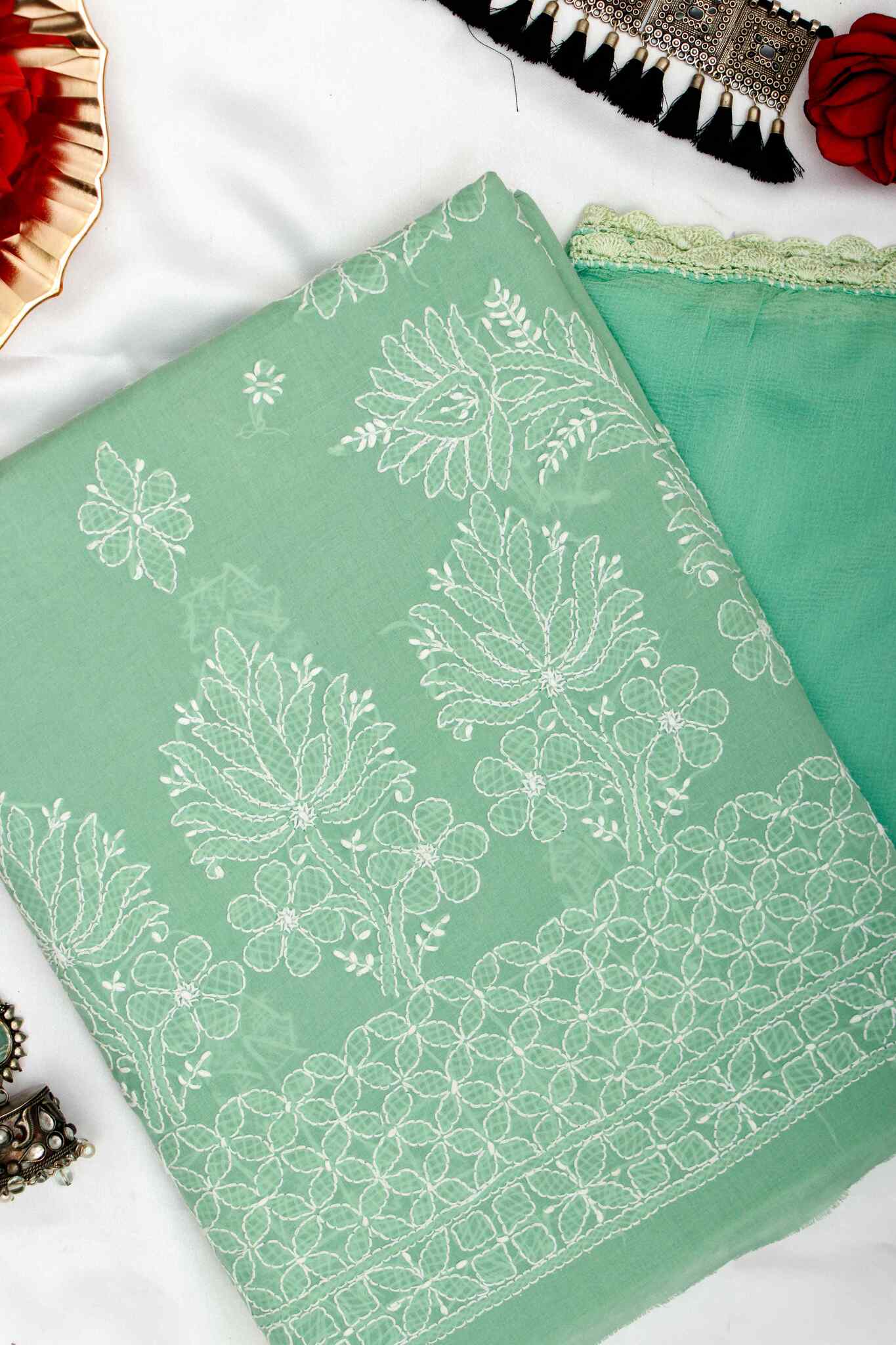 Arsh Handcrafted Forest Green Cotton Unstitched Chikankari 3pc Suit - Image 3