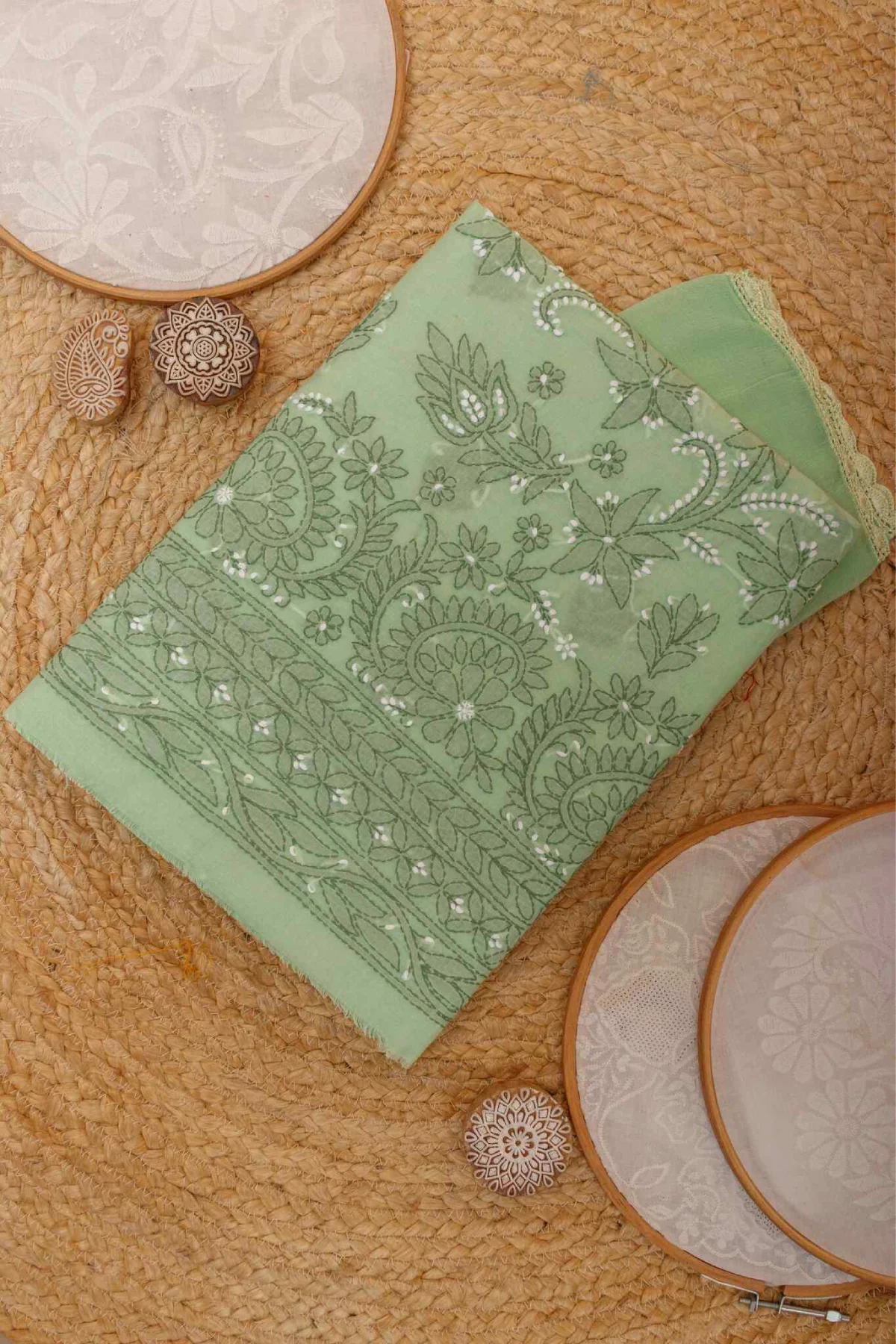 Arsh Handcrafted Olive Green Cotton Unstitched Chikankari 3pc Suit - Image 2
