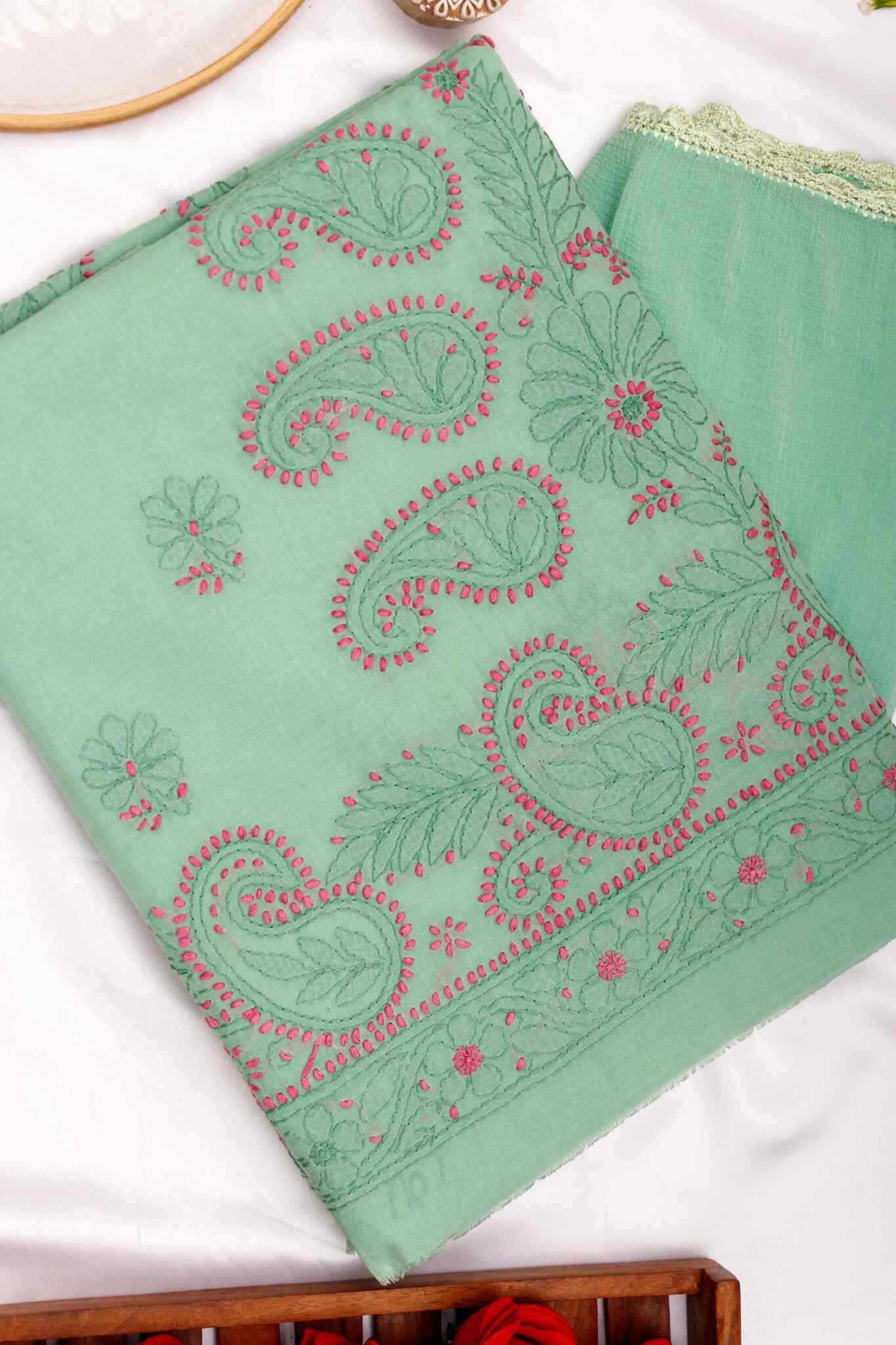 Arsh Handcrafted Dark Green Cotton Unstitched Chikankari 3pc Suit - Image 4