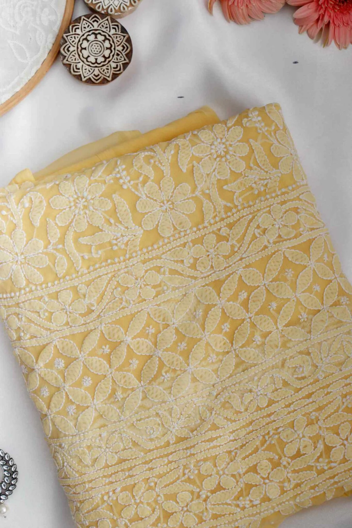 Arsh Handcrafted Lemon Front Jaal Georgette Unstitched Chikankari 3pc Suit - Image 3