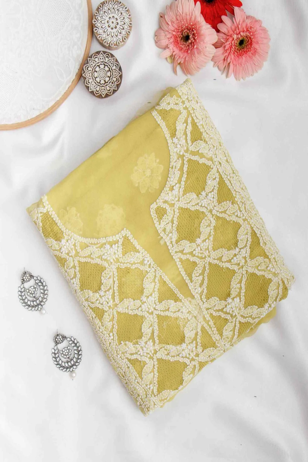 Arsh Handcrafted Yellow Georgette Unstitched Chikankari 3pc Suit