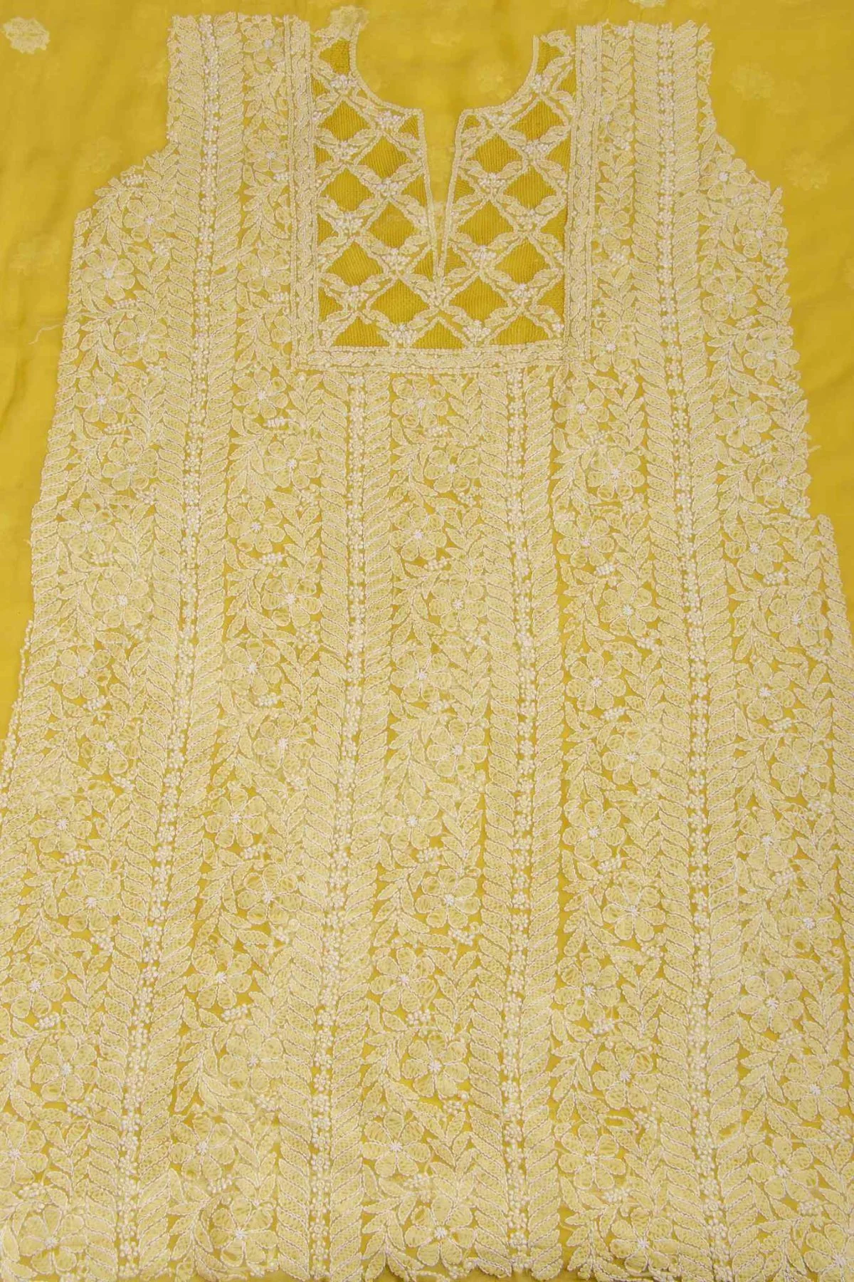 Arsh Handcrafted Yellow Georgette Unstitched Chikankari 3pc Suit - Image 2