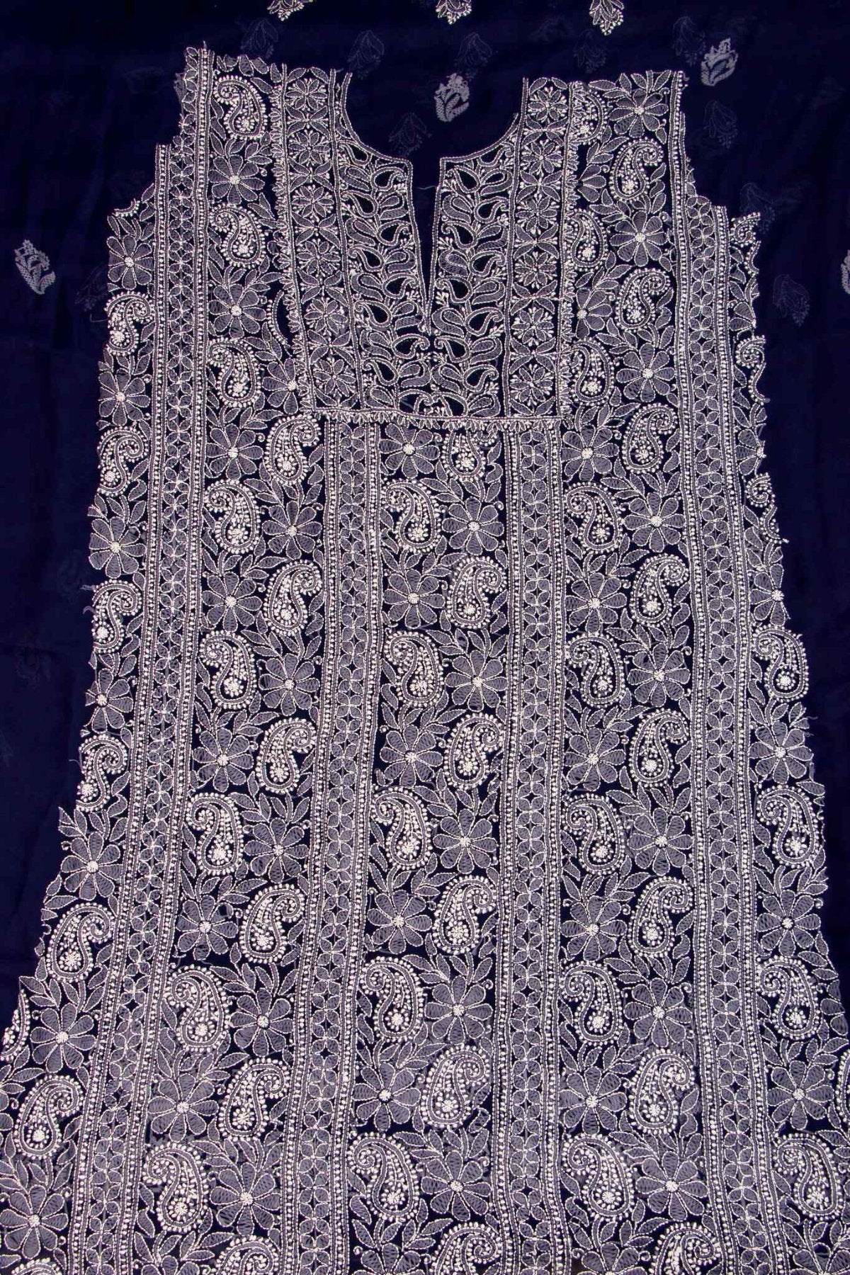 Arsh Handcrafted Navy Blue Georgette Unstitched Chikankari 3pc Suit - Image 2