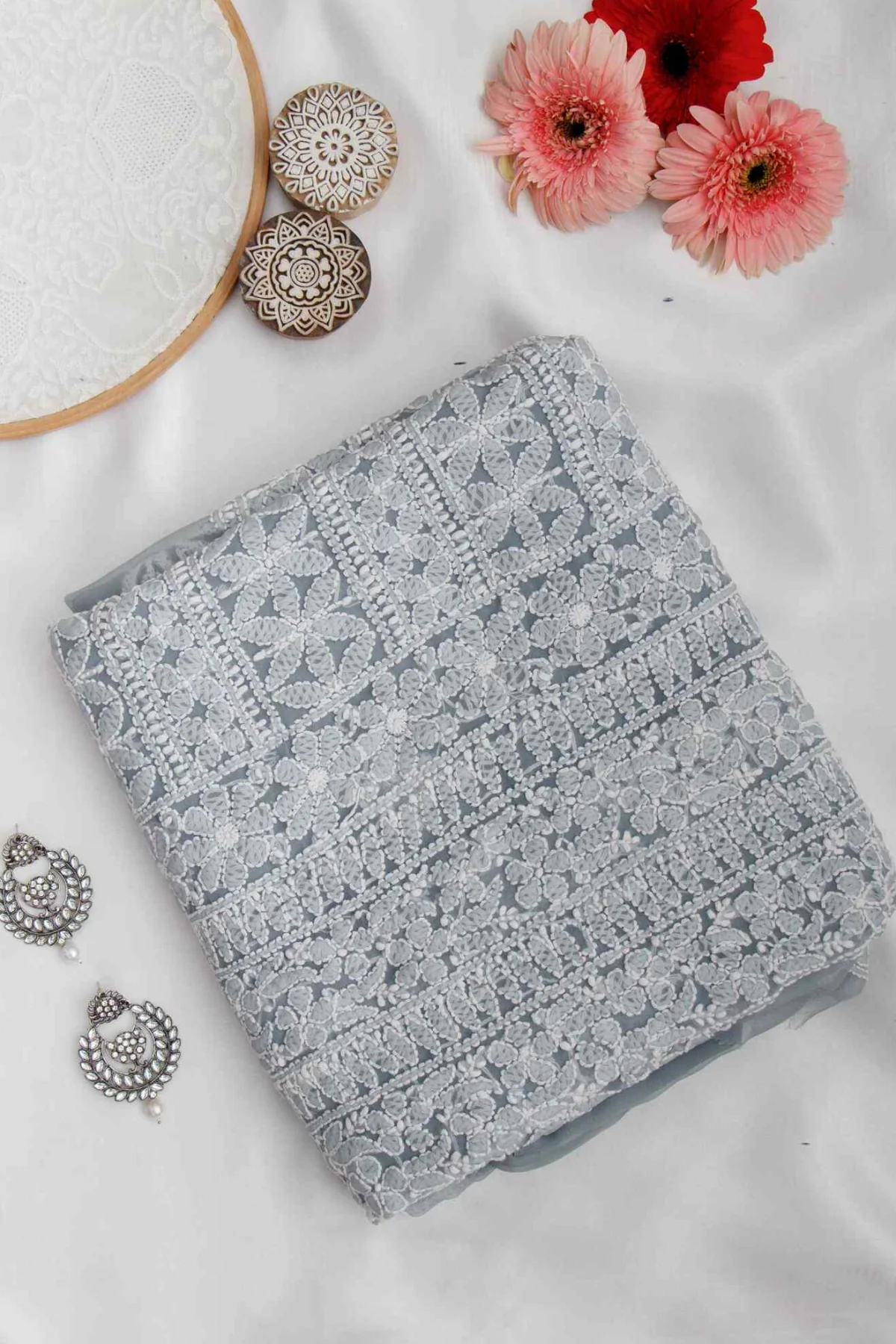 Arsh Handcrafted Steel Grey Georgette Unstitched Chikankari 3pc Suit