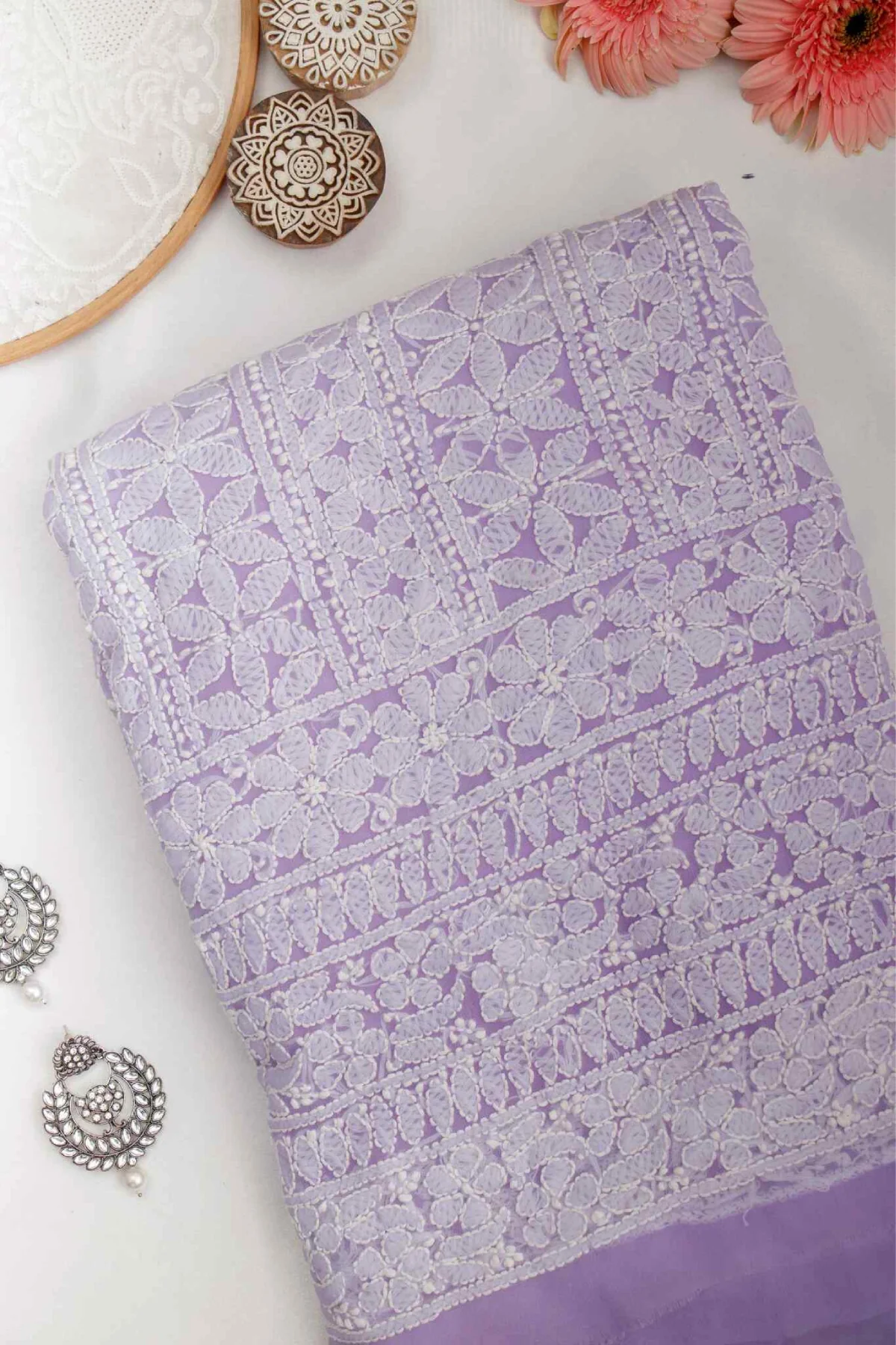 Arsh Handcrafted Lavender Georgette Unstitched Chikankari 3pc Suit - Image 3