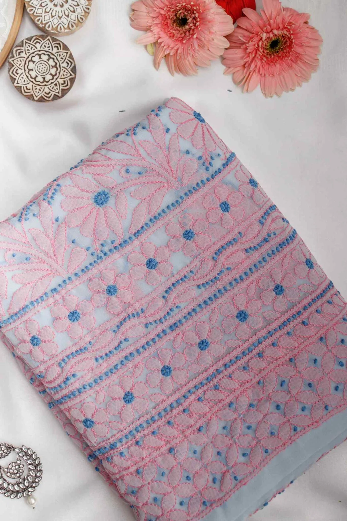 Arsh Handcrafted Sky Blue Georgette Unstitched Chikankari 3pc Suit - Image 3