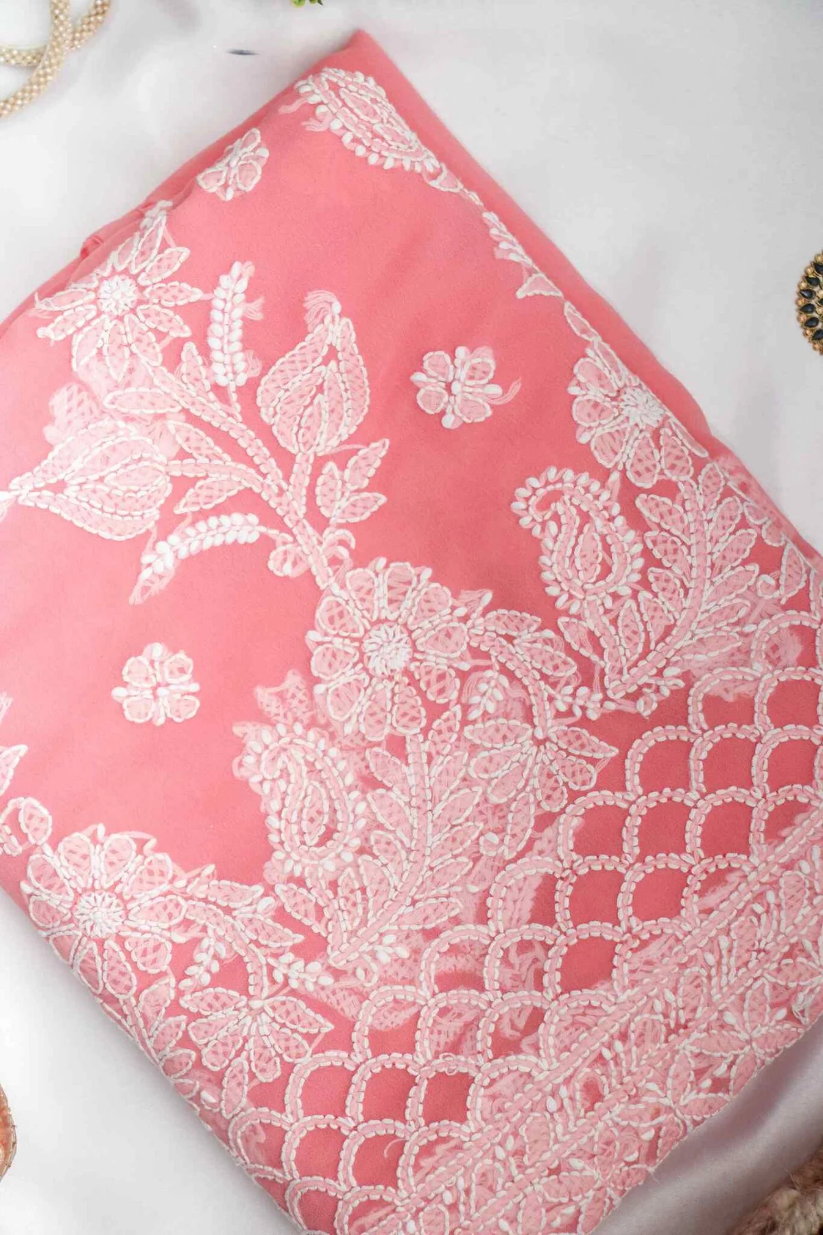 Arsh Handcrafted Tomato Red Georgette Unstitched Chikankari 3pc Suit - Image 3