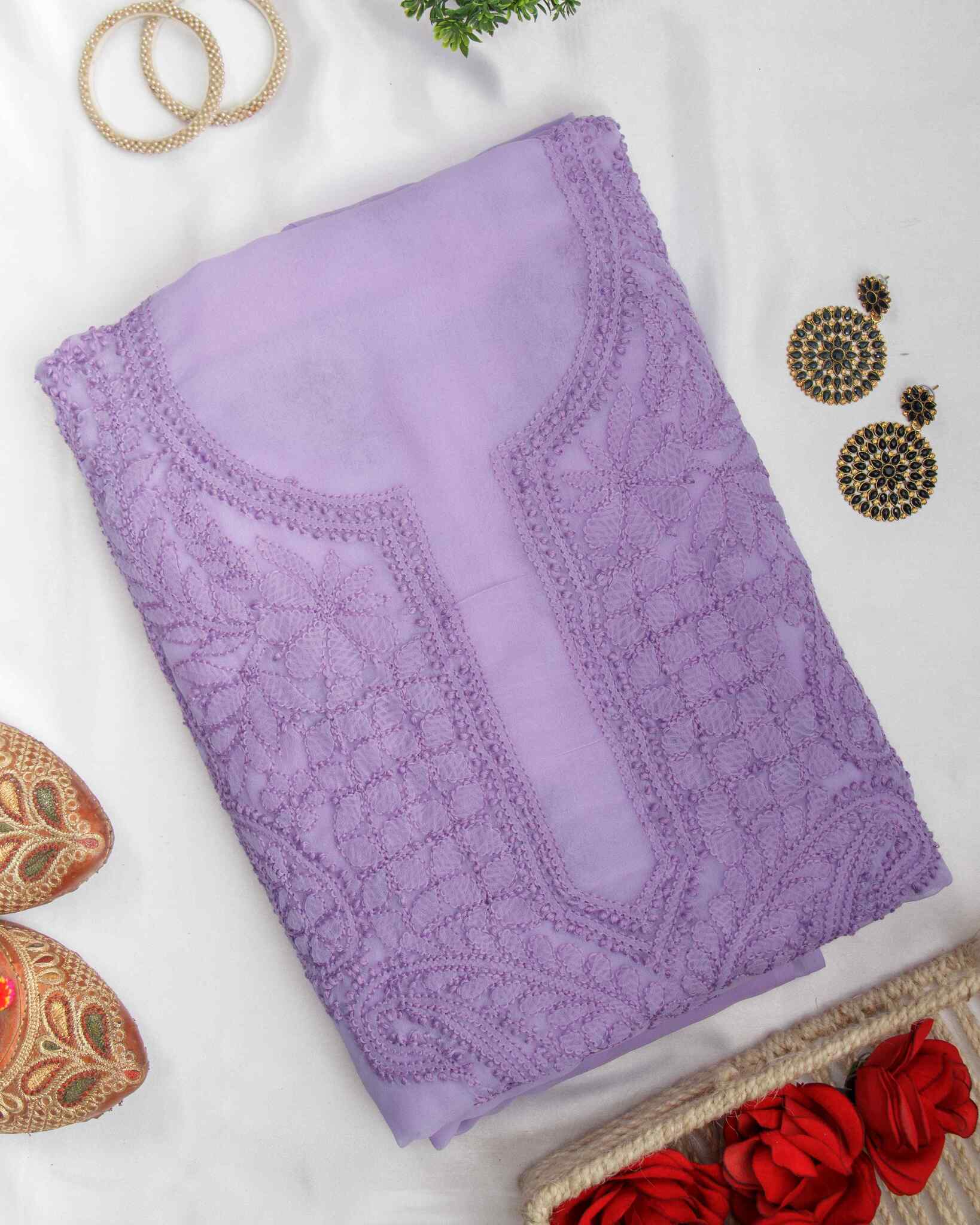 Arsh Handcrafted Purple Georgette Unstitched Chikankari 3pc Suit - Image 3