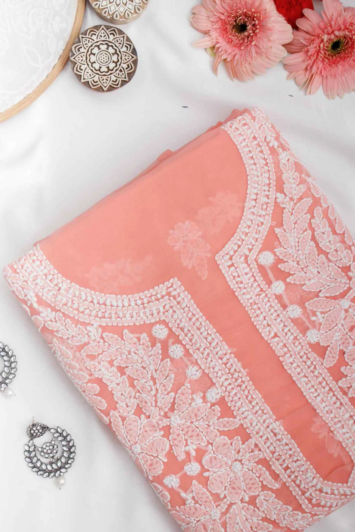 Arsh Handcrafted Dark Peach Georgette Unstitched Chikankari 3pc Suit - Image 3