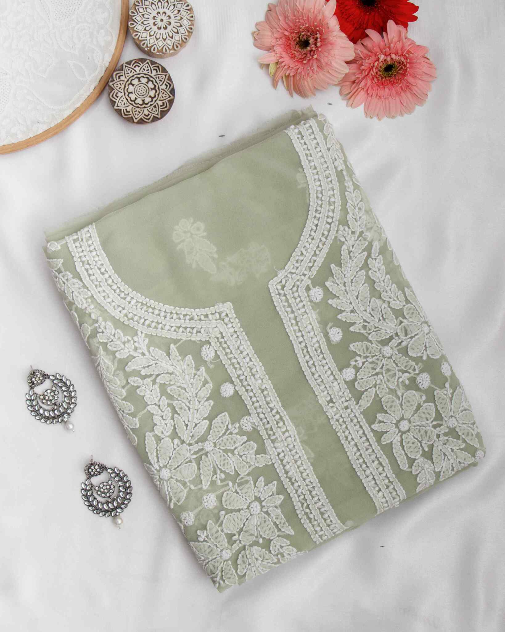 Arsh Handcrafted Moss Georgette Unstitched Chikankari 3pc Suit - Image 3