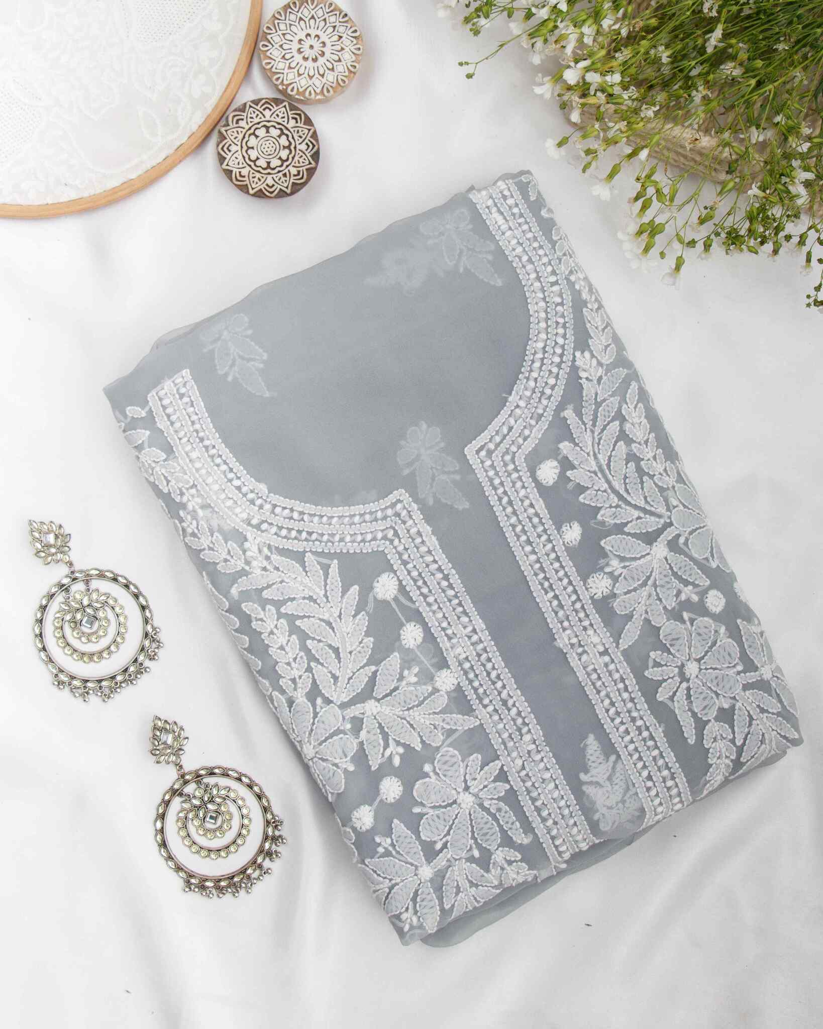 Arsh Handcrafted Grey Georgette Unstitched Chikankari 3pc Suit - Image 3