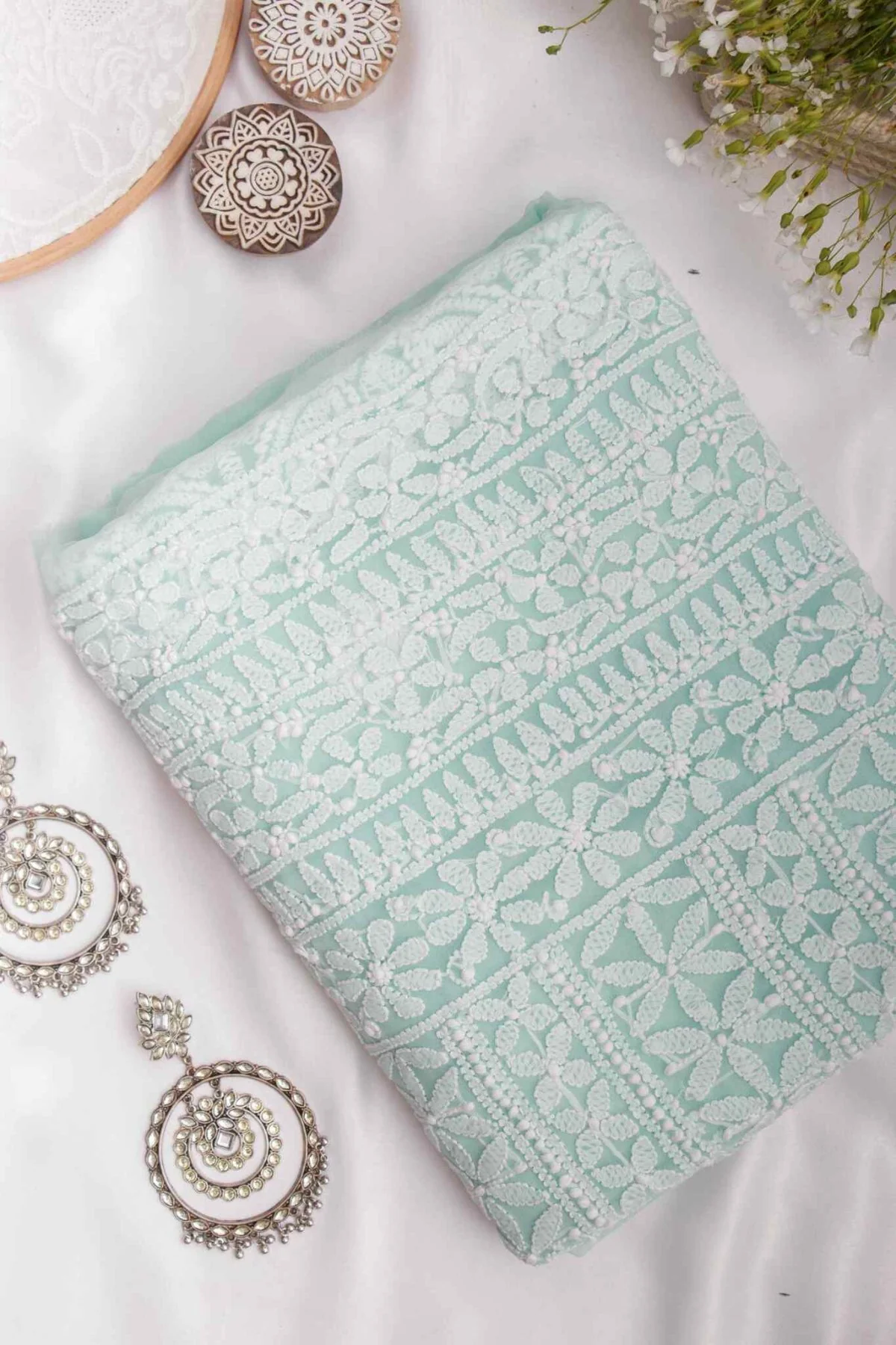 Arsh Handcrafted Mint Green Georgette Unstitched Chikankari 3pc Suit - Image 2