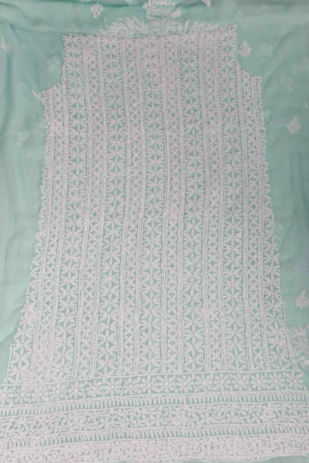 Arsh Handcrafted Mint Green Georgette Unstitched Chikankari 3pc Suit - Image 3