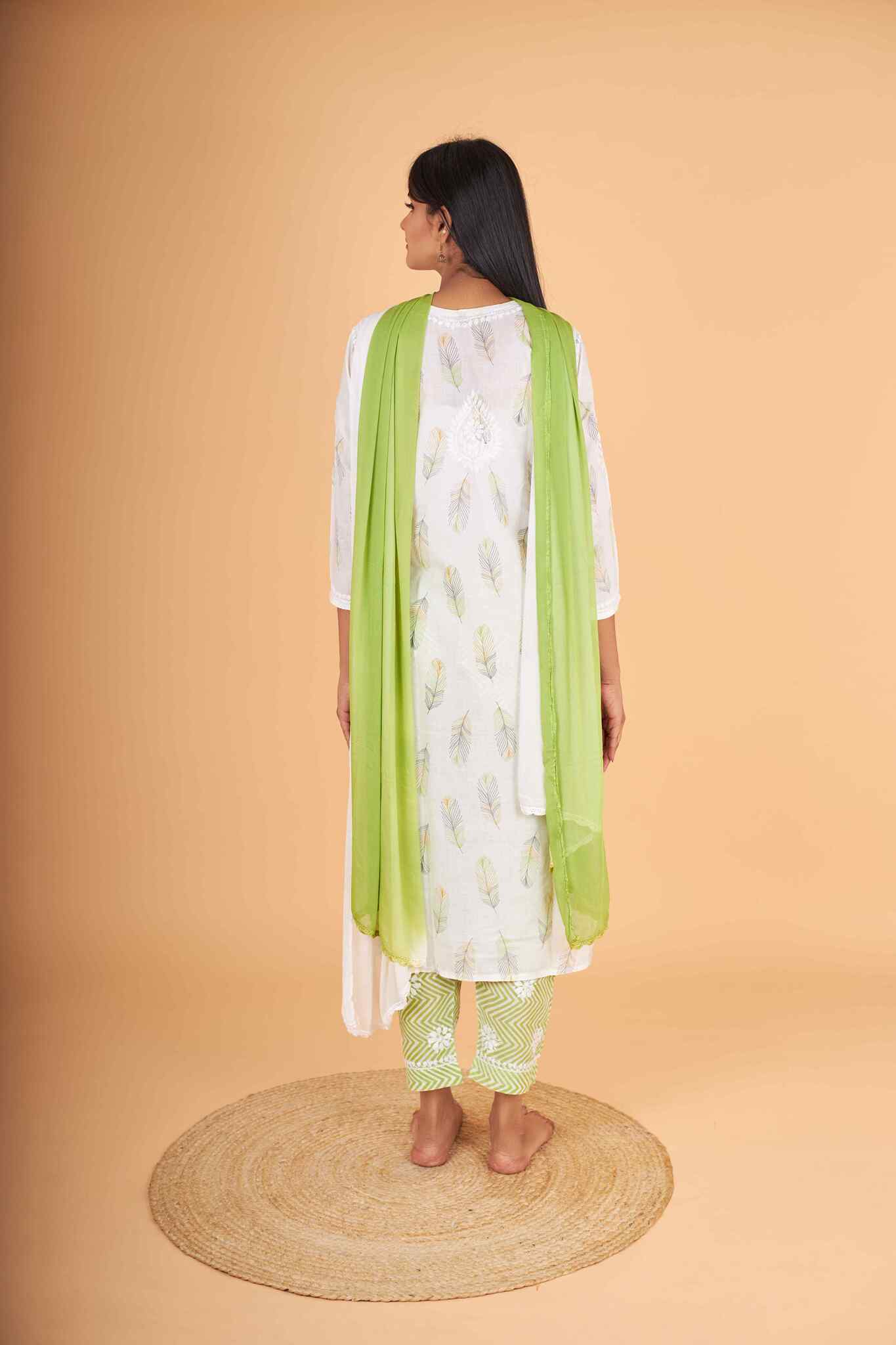 Arsh Handcrafted MulMul Cotton 3pc Kurti, Pant and Dupatta Chikankari Set - Image 4