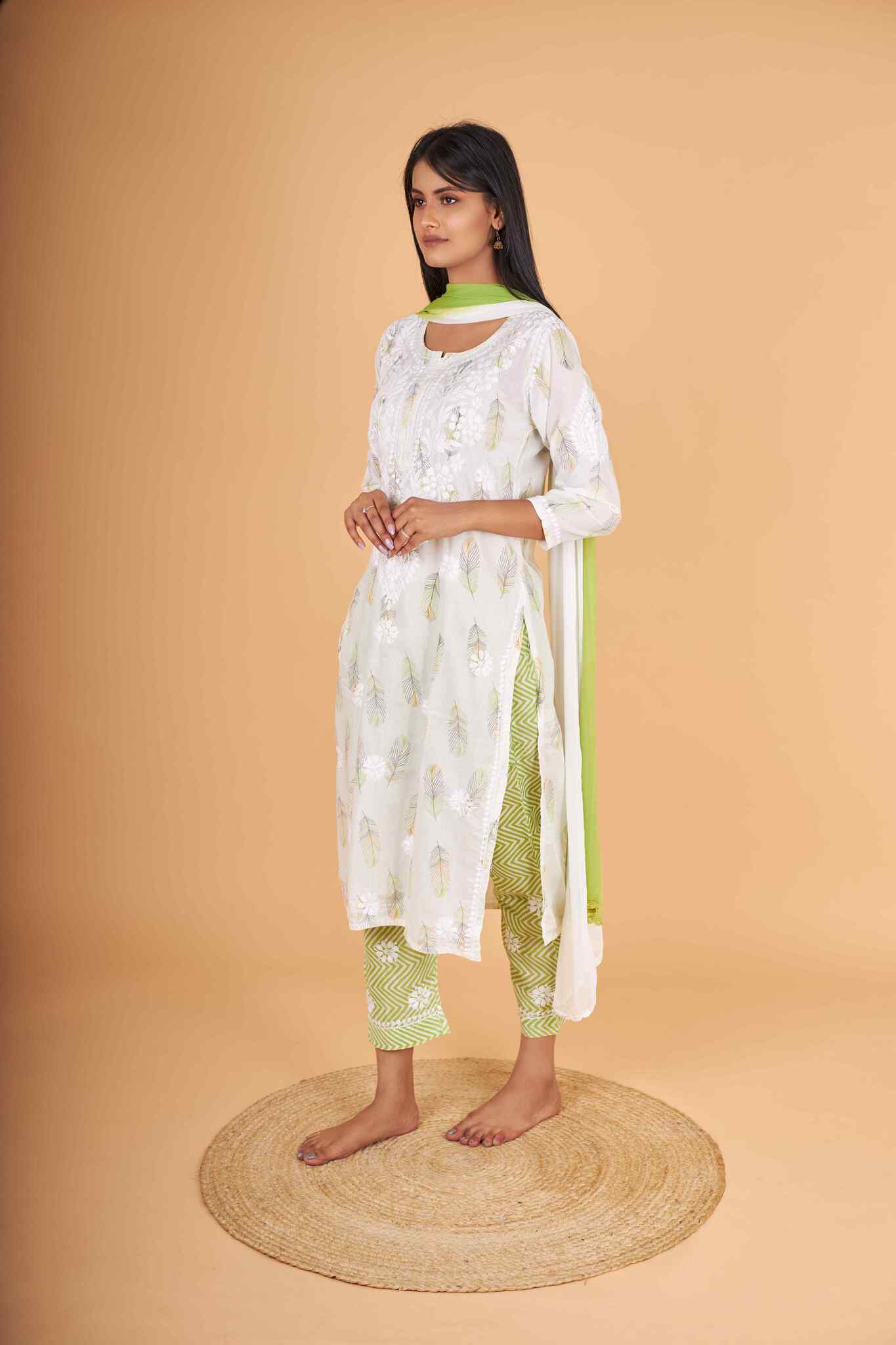Arsh Handcrafted MulMul Cotton 3pc Kurti, Pant and Dupatta Chikankari Set - Image 5