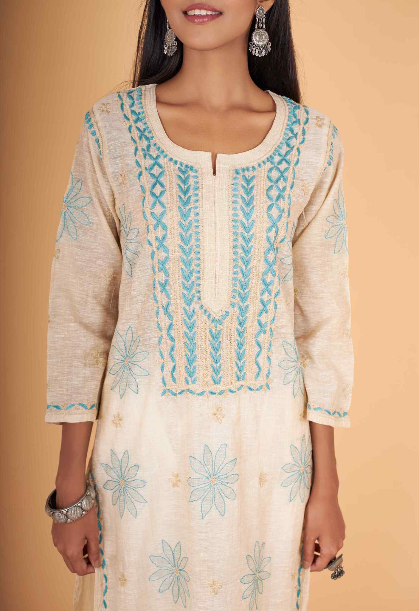 Arsh Handcrafted Gala Boota Khadi Cotton Kurti - Image 4